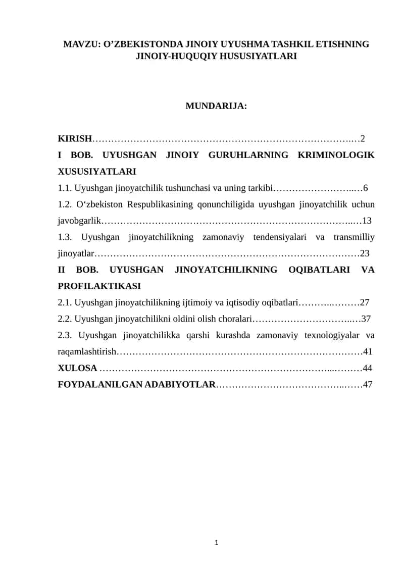 O’ZBEKISTONDA JINOIY UYUSHMA TASHKIL ETISHNING JINOIY-HUQUQIY HUSUSIYATLARI