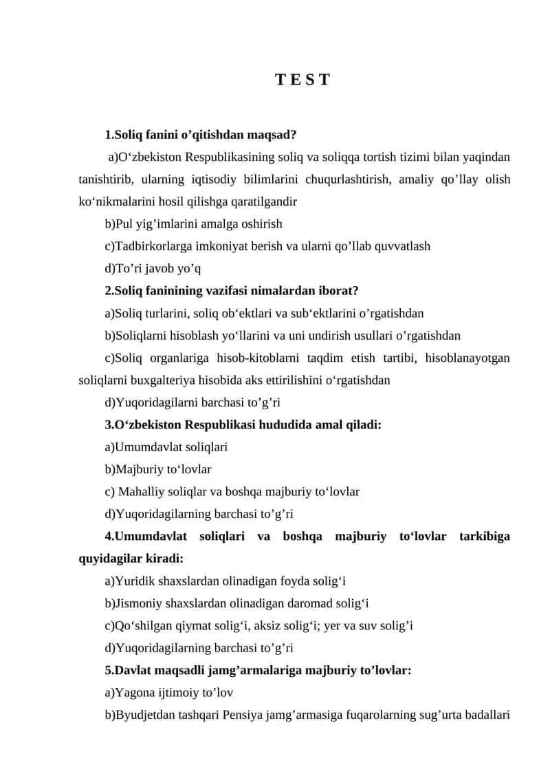 Soliq test 10 ta topshiriq uchun.