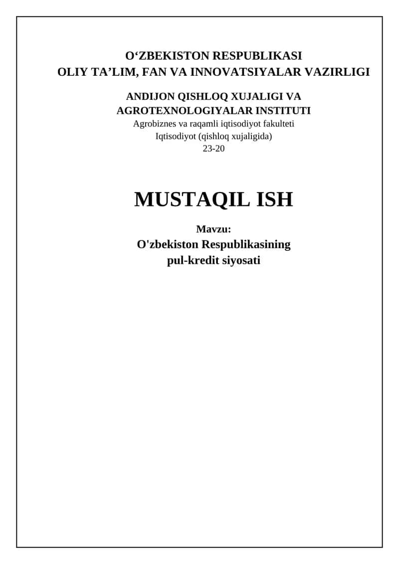 O'zbekiston Respublikasining pul-kredit siyosati