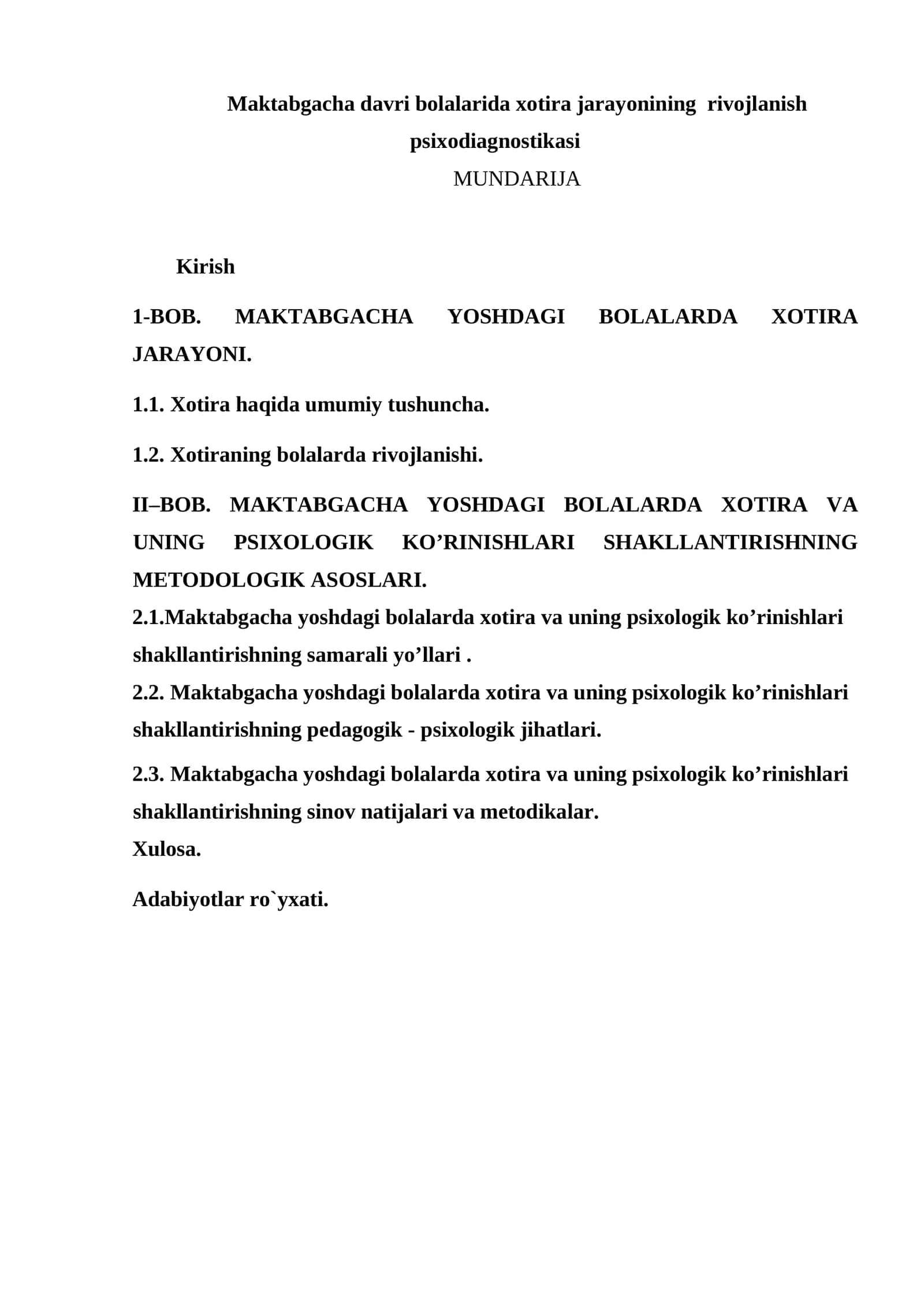 Maktabgacha davri bolalarida xotira jarayonining rivojlanish psixodiagnostikasi