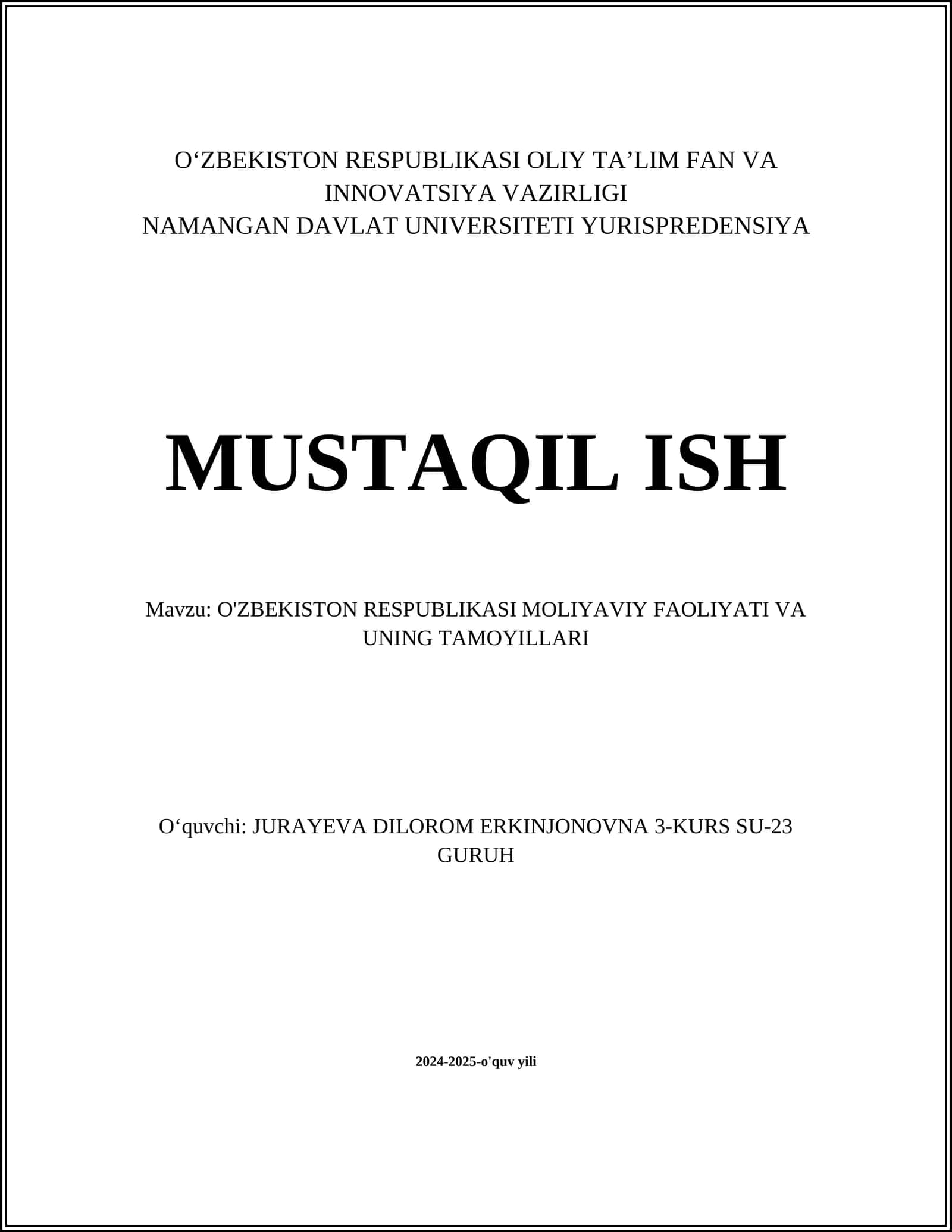 O‘zbekiston Respublikasi moliyaviy faoliyati va uning tamoyillari