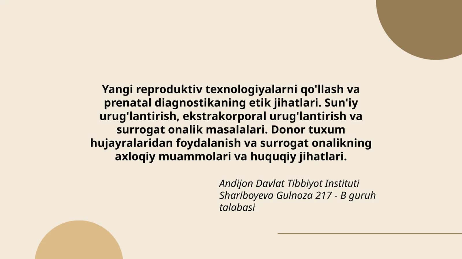 Yangi reproduktiv texnologiyalarni qo'llash va prenatal diagnostikaning etik jihatlari
