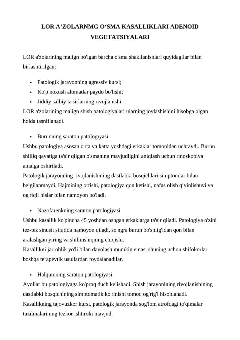 LOR A’ZOLARNMG O‘SMA KASALLIKLARI ADENOID VEGETATSIYALARI