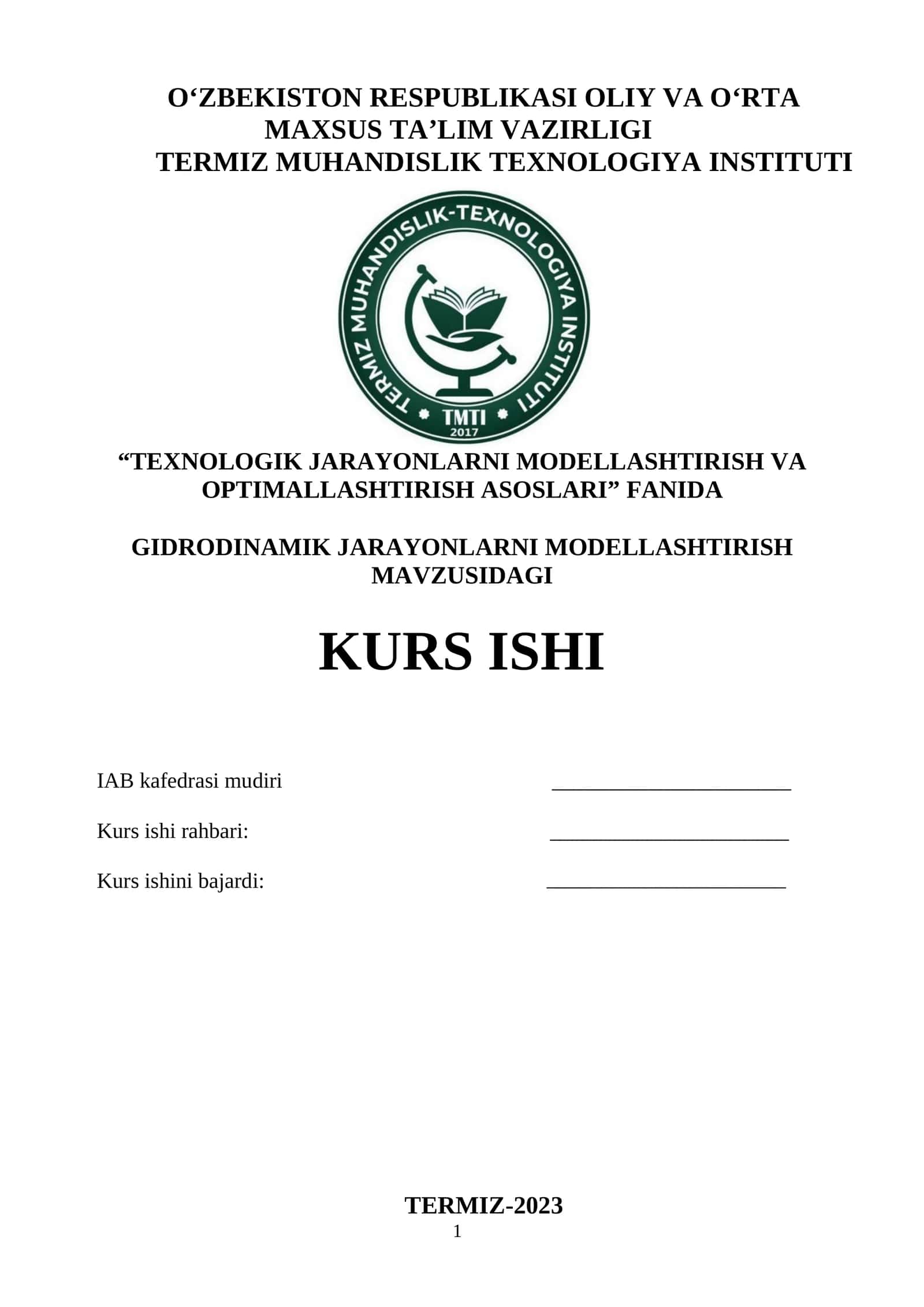 GIDRODINAMIK JARAYONLARNI MODELLASHTIRISH KURS ISHI