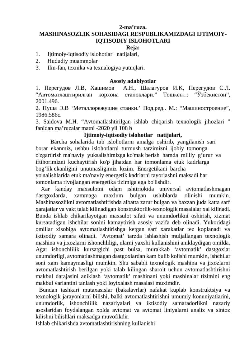 MASHINASOZLIK SOHASIDAGI RESPUBLIKAMIZDAGI IJTIMOIY-IQTISODIY ISLOHOTLARI