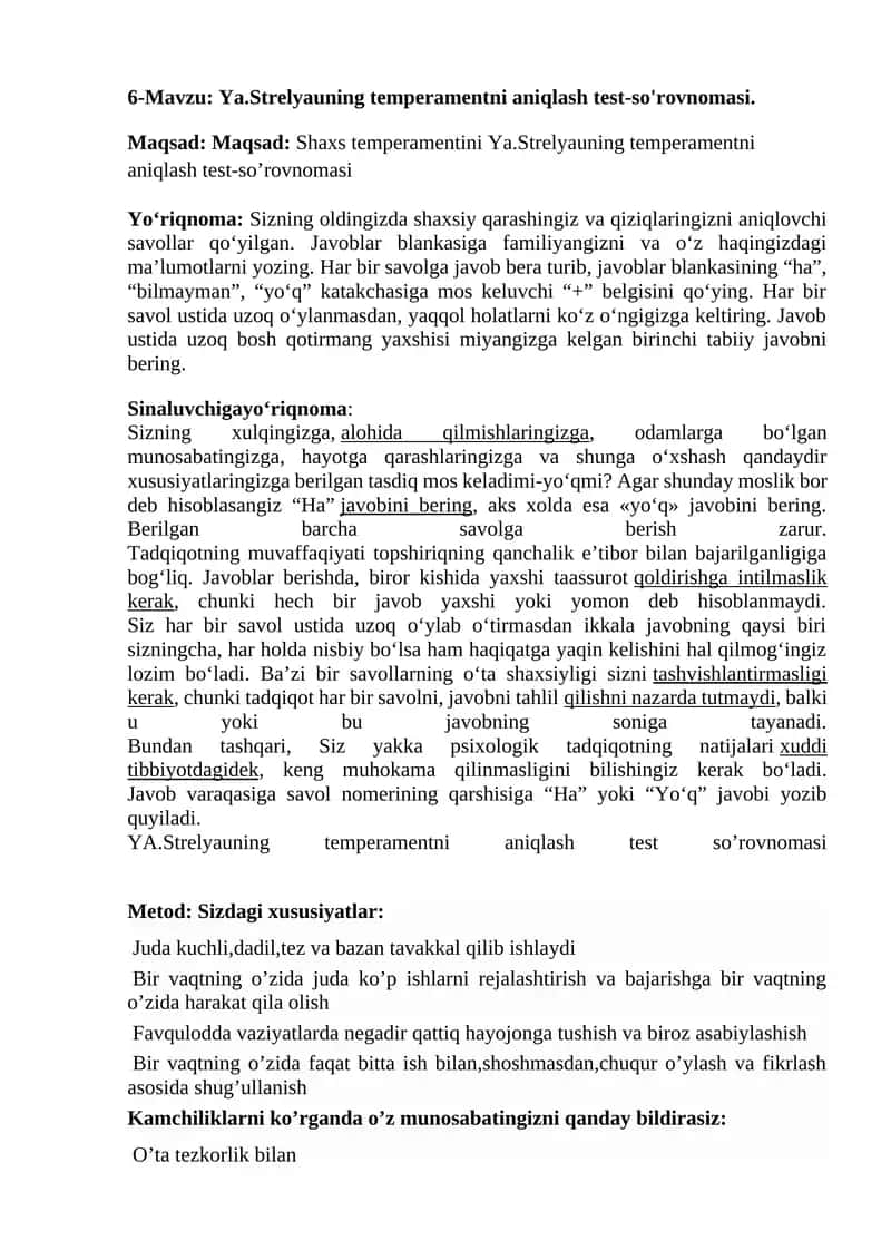 Ya.Strelyauning temperamentni aniqlash test-so'rovnomasi