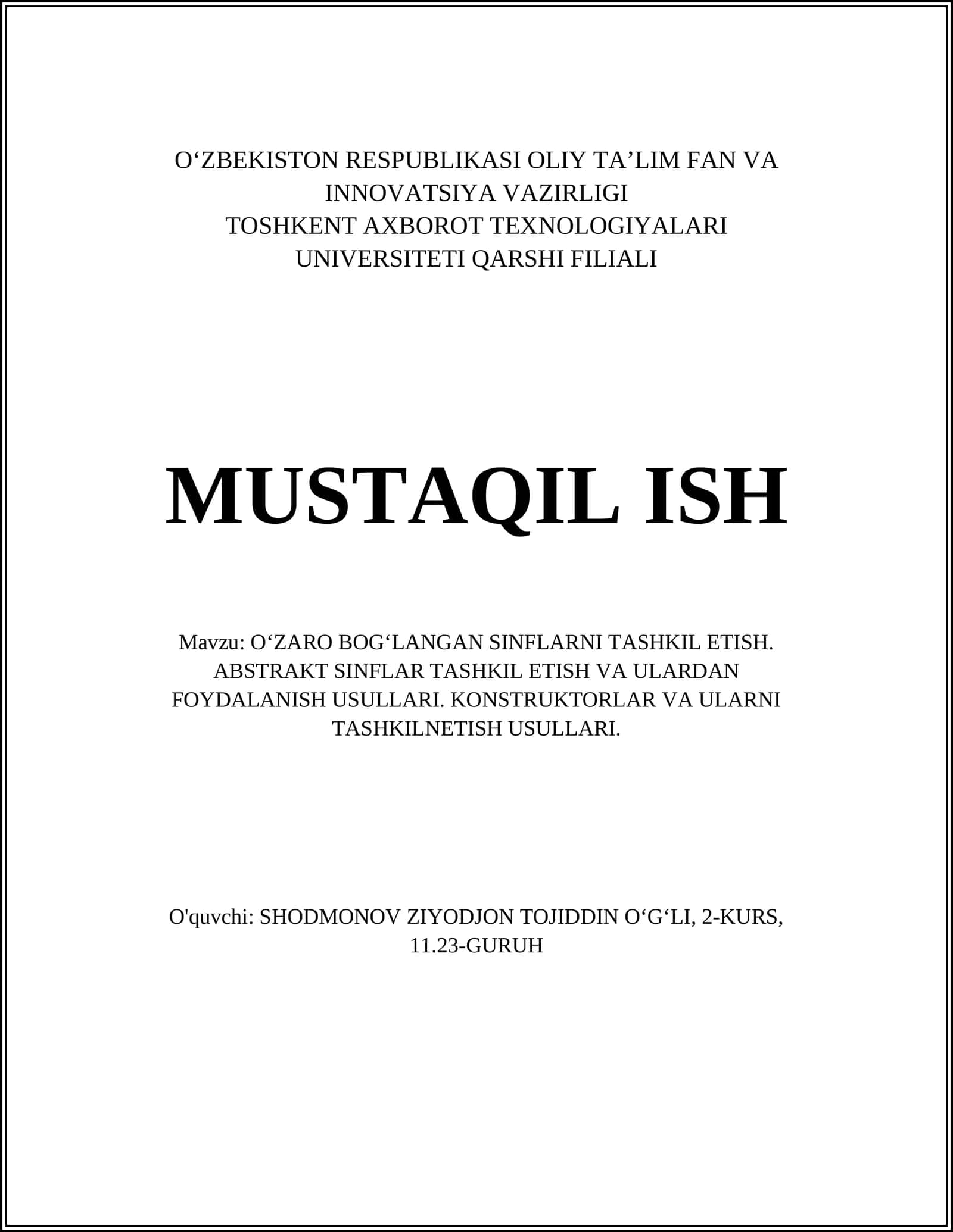 O‘ZARO BOG‘LANGAN SINFLARNI TASHKIL ETISH