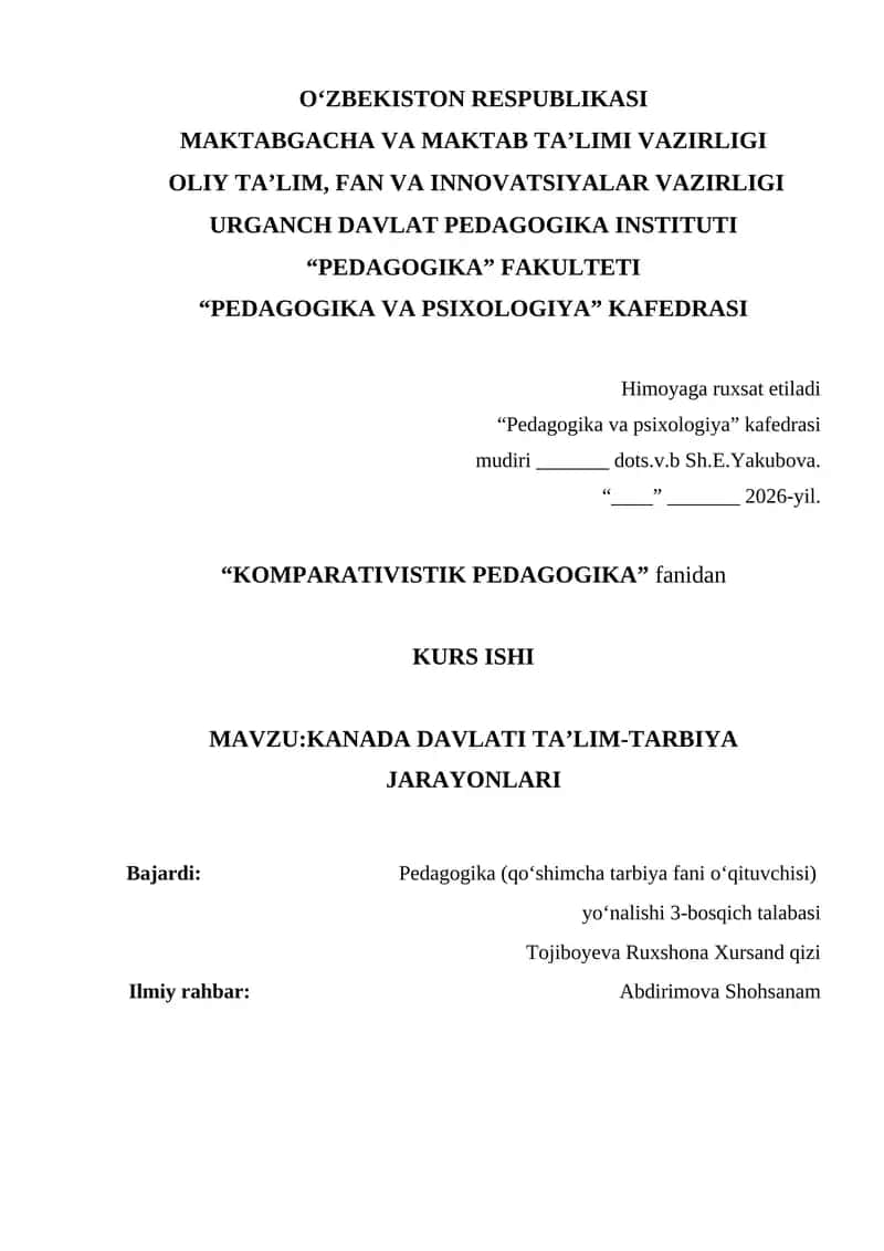 KANADA DAVLATI TA’LIM-TARBIYA JARAYONLARI