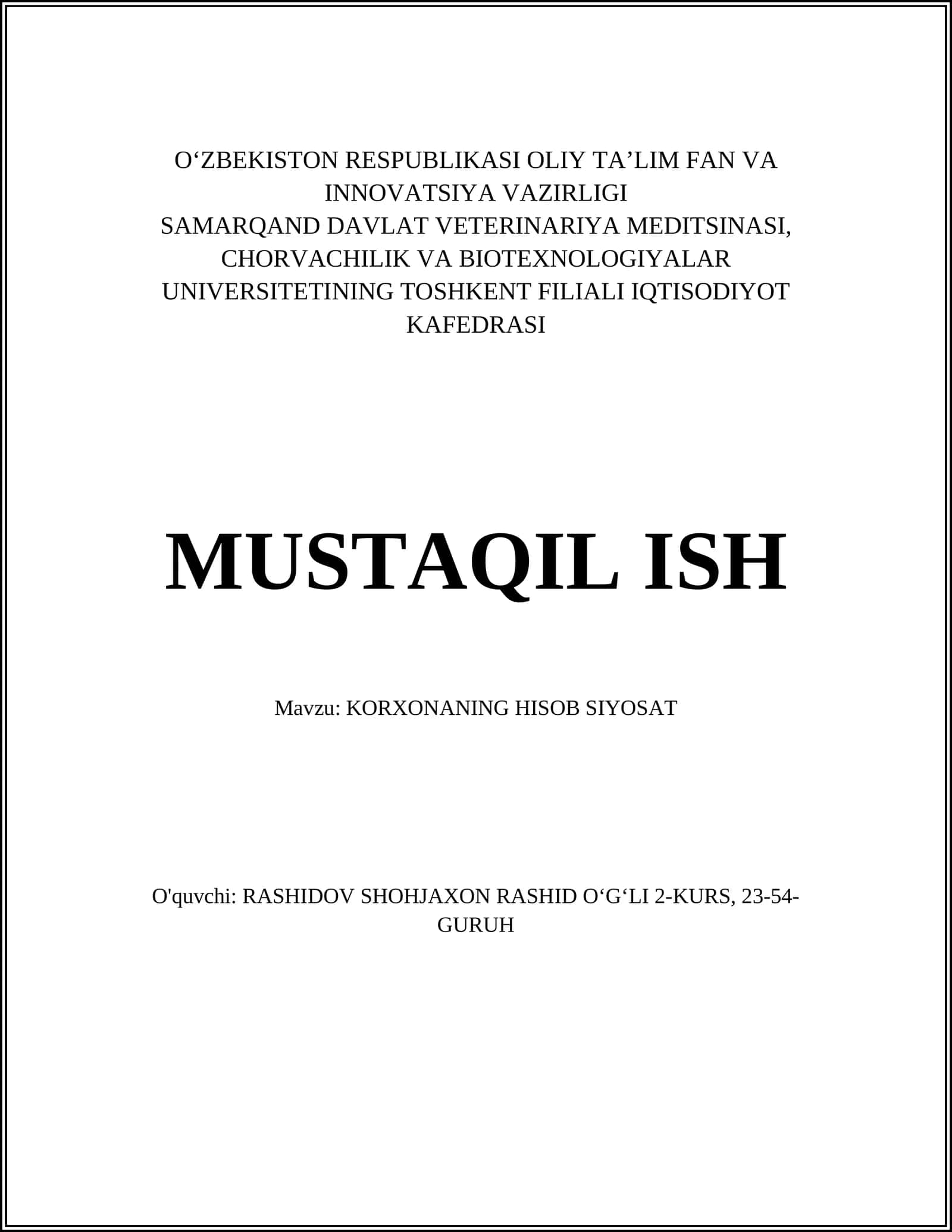 KORXONANING HISOB SIYOSAT