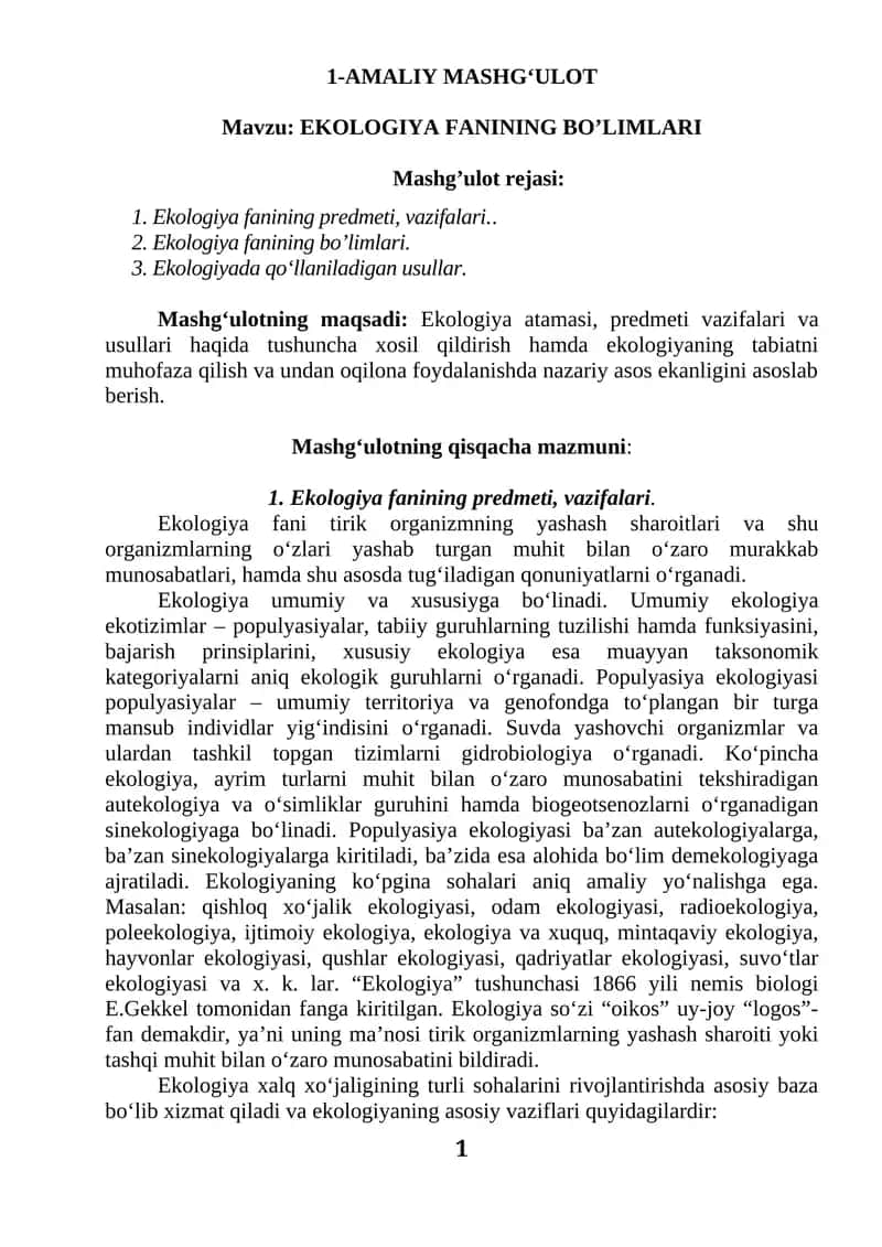 EKOLOGIYA FANINING BO’LIMLARI