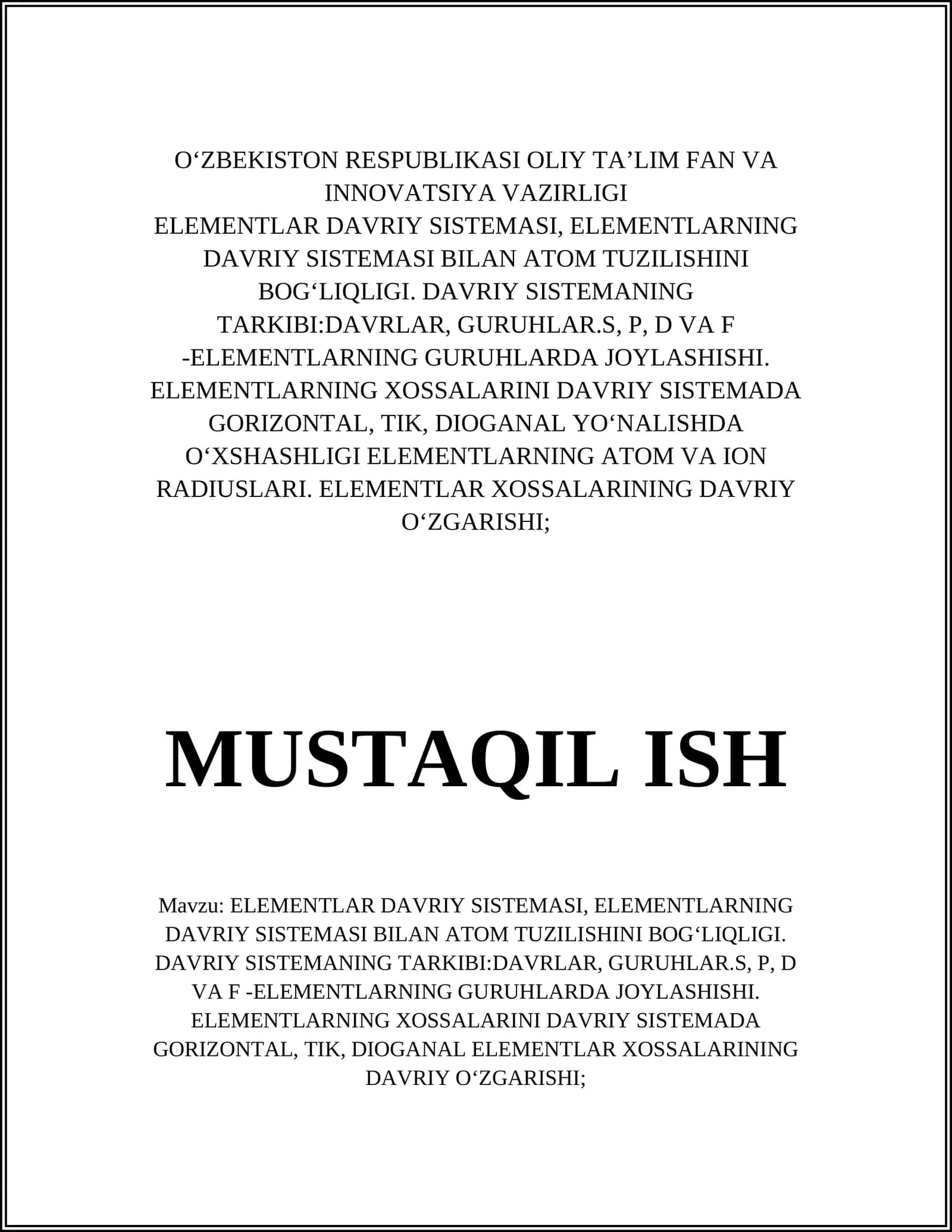 ELEMENTLAR DAVRIY SISTEMASI, ELEMENTLARNING DAVRIY SISTEMASI BILAN ATOM TUZILISHINI BOGʻLIQLIGI