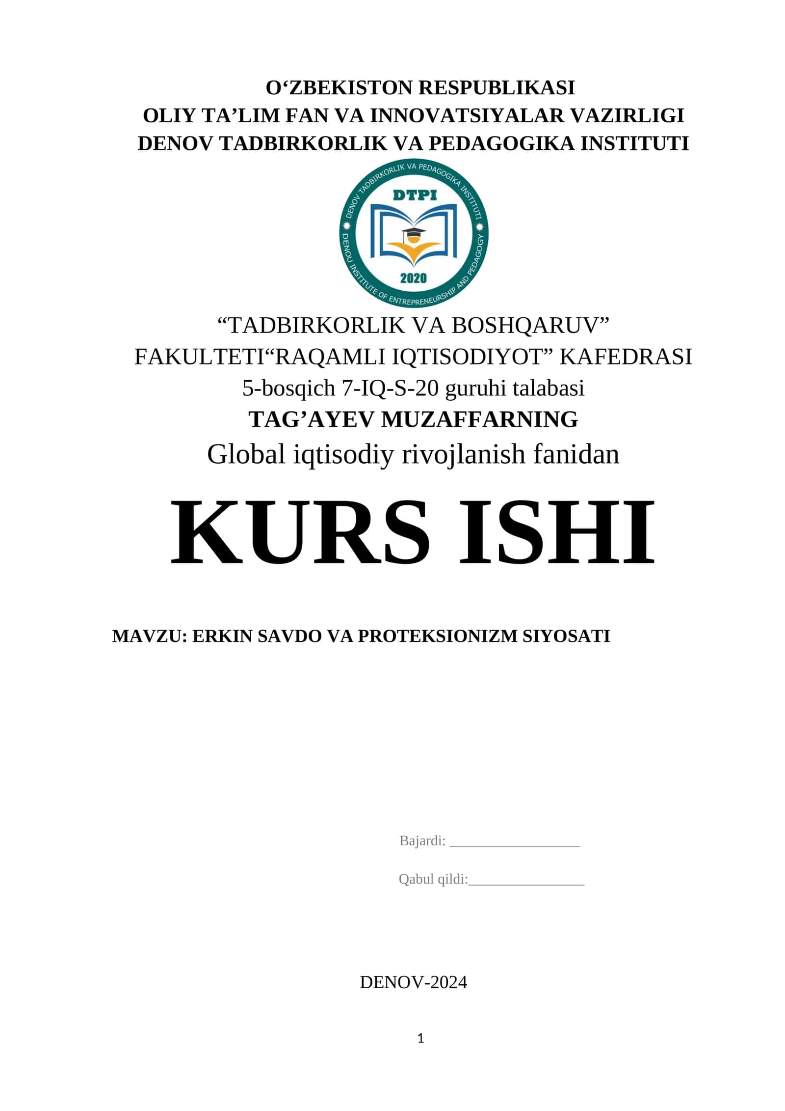 Global iqtisodiy rivojlanish fanidan KURS ISHI
