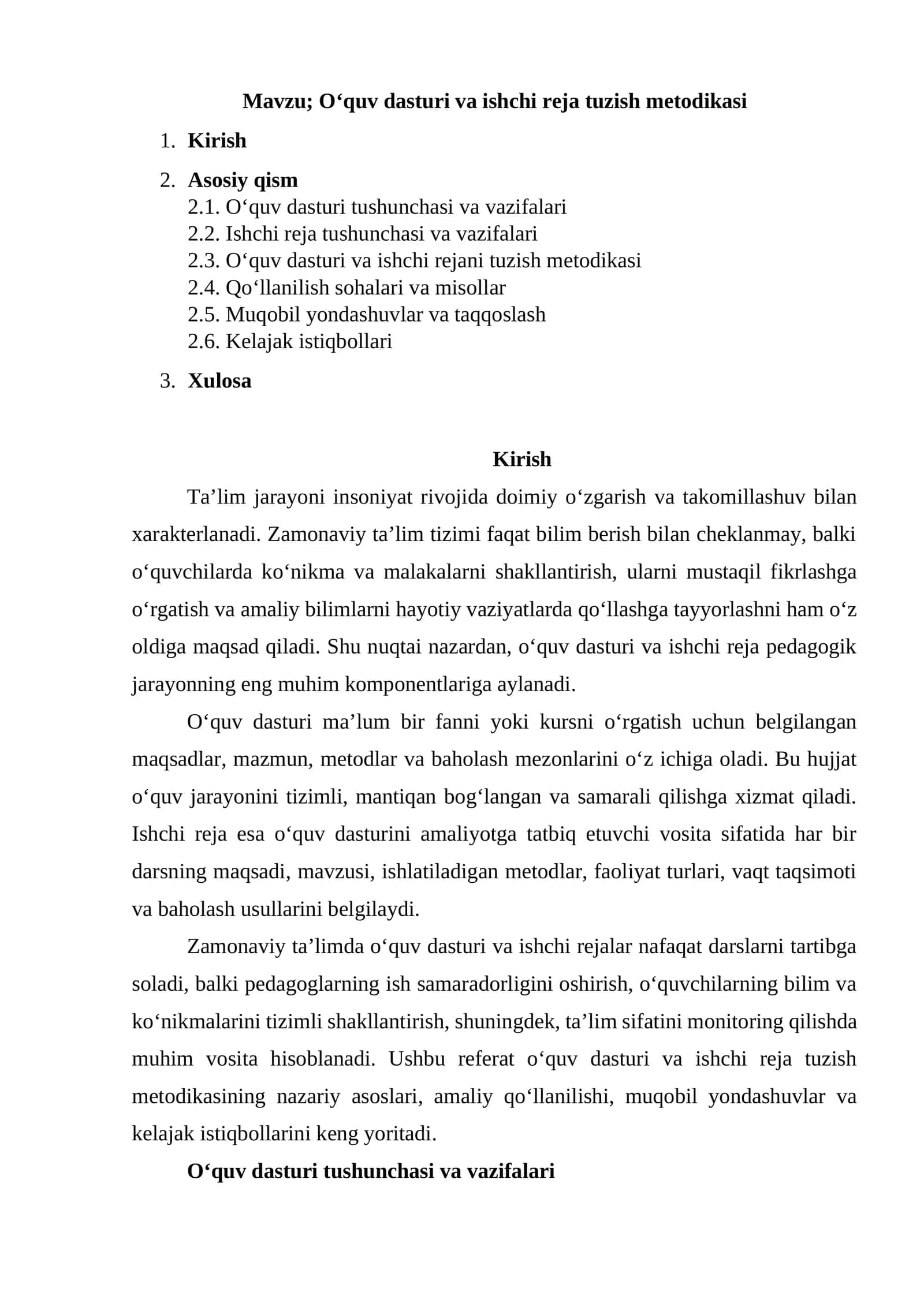 O‘quv dasturi va ishchi reja tuzish metodikasi
