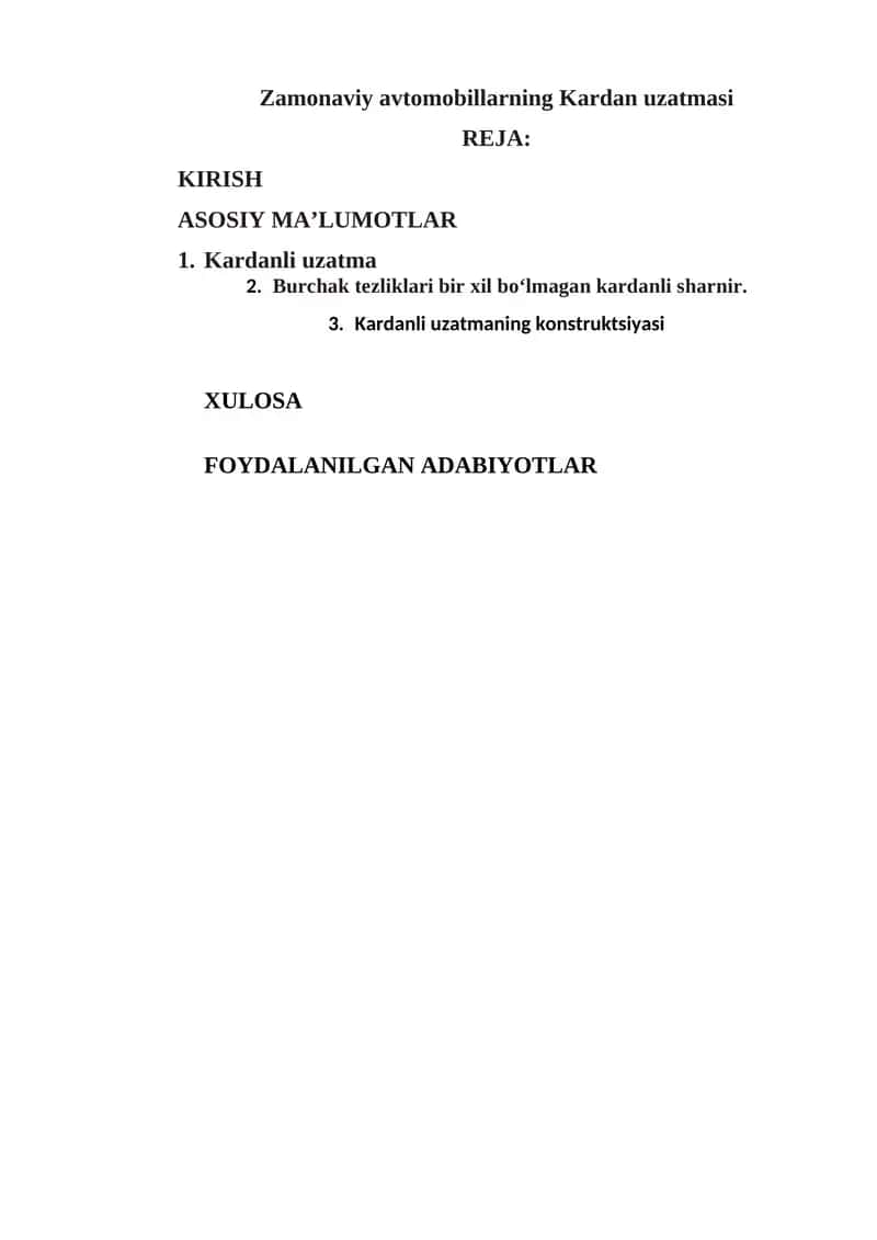 Zamonaviy avtomobillarning Kardan uzatmasi