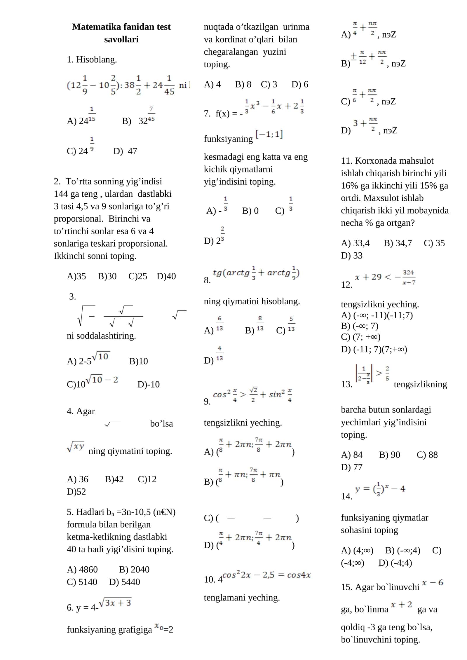 Matematika fanidan test savollari