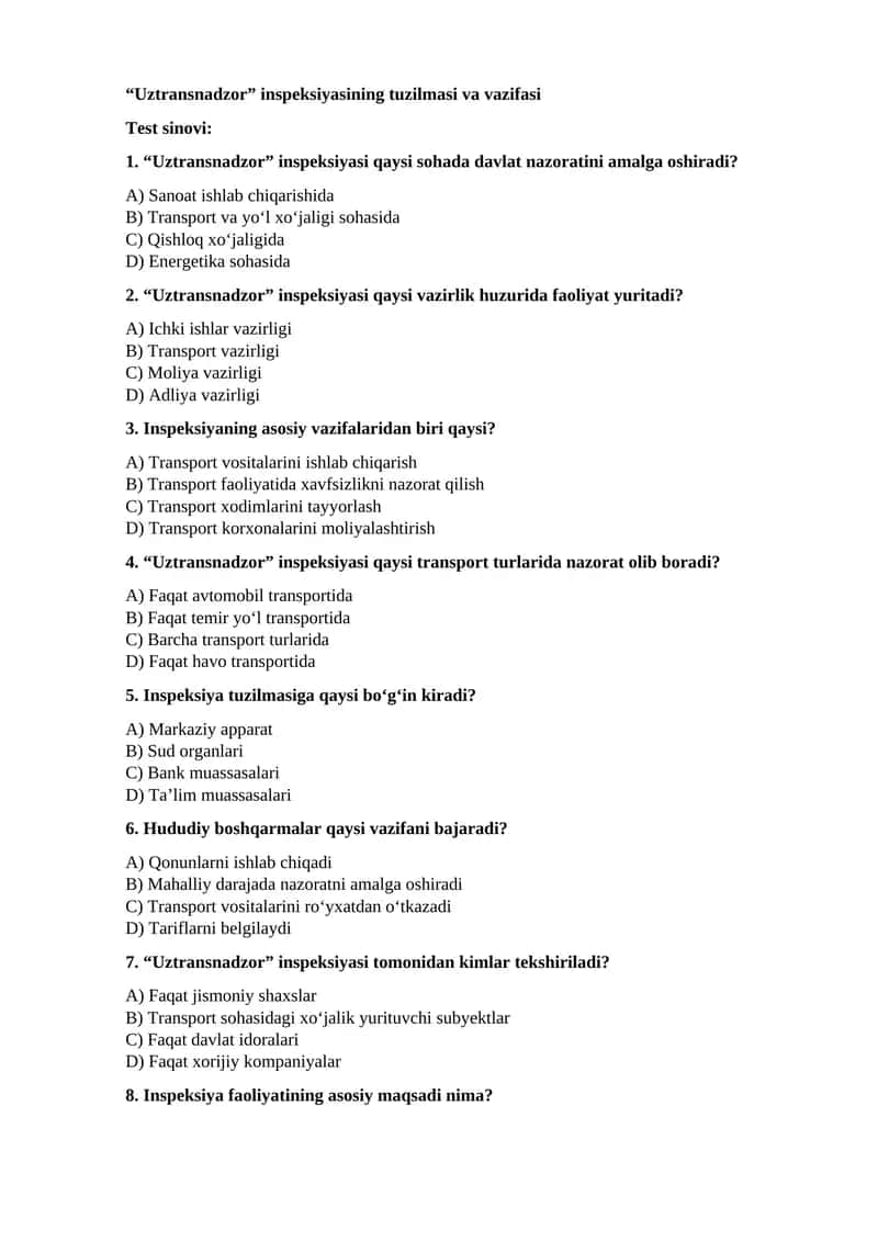 “Uztransnadzor” inspeksiyasining tuzilmasi va vazifasi
