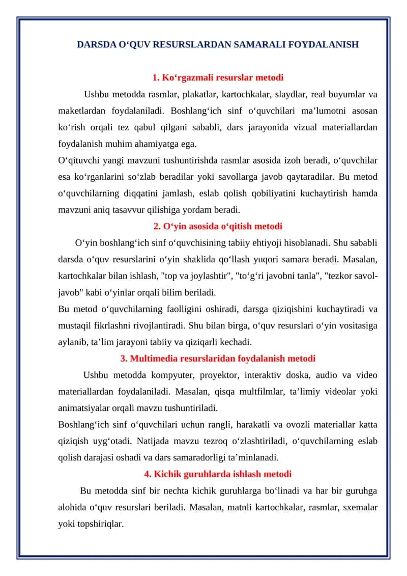 DARSDA O‘QUV RESURSLARDAN SAMARALI FOYDALANISHdarsda