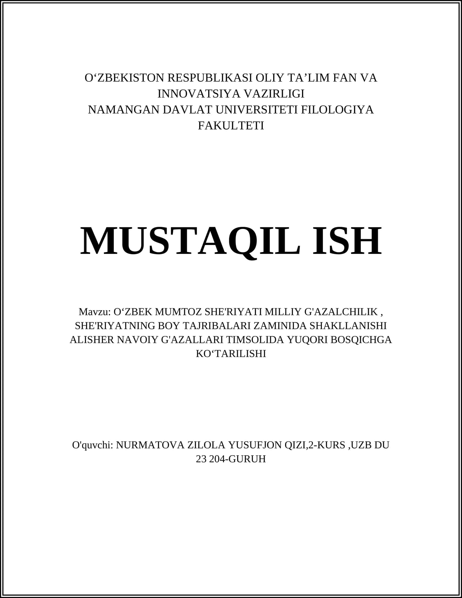 OʻZBEK MUMTOZ SHE'RIYATI MILLIY G'AZALCHILIK