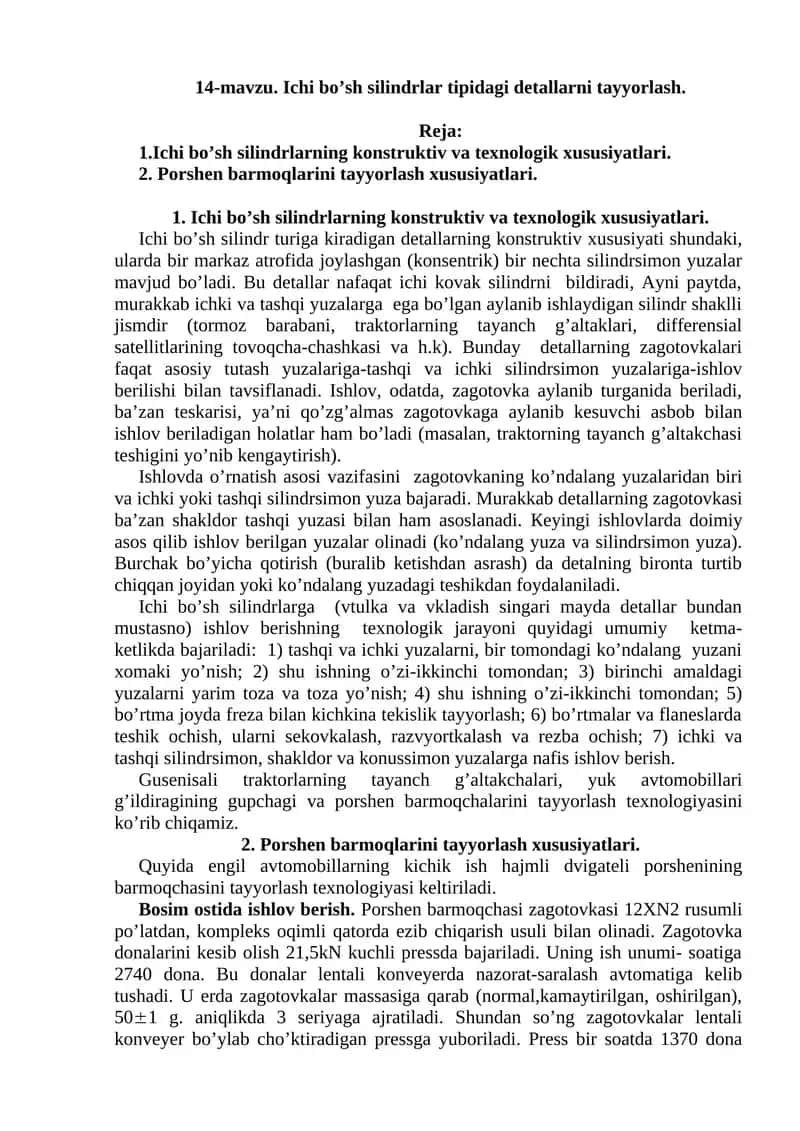 Ichi bo’sh silindrlar tipidagi detallarni tayyorlash