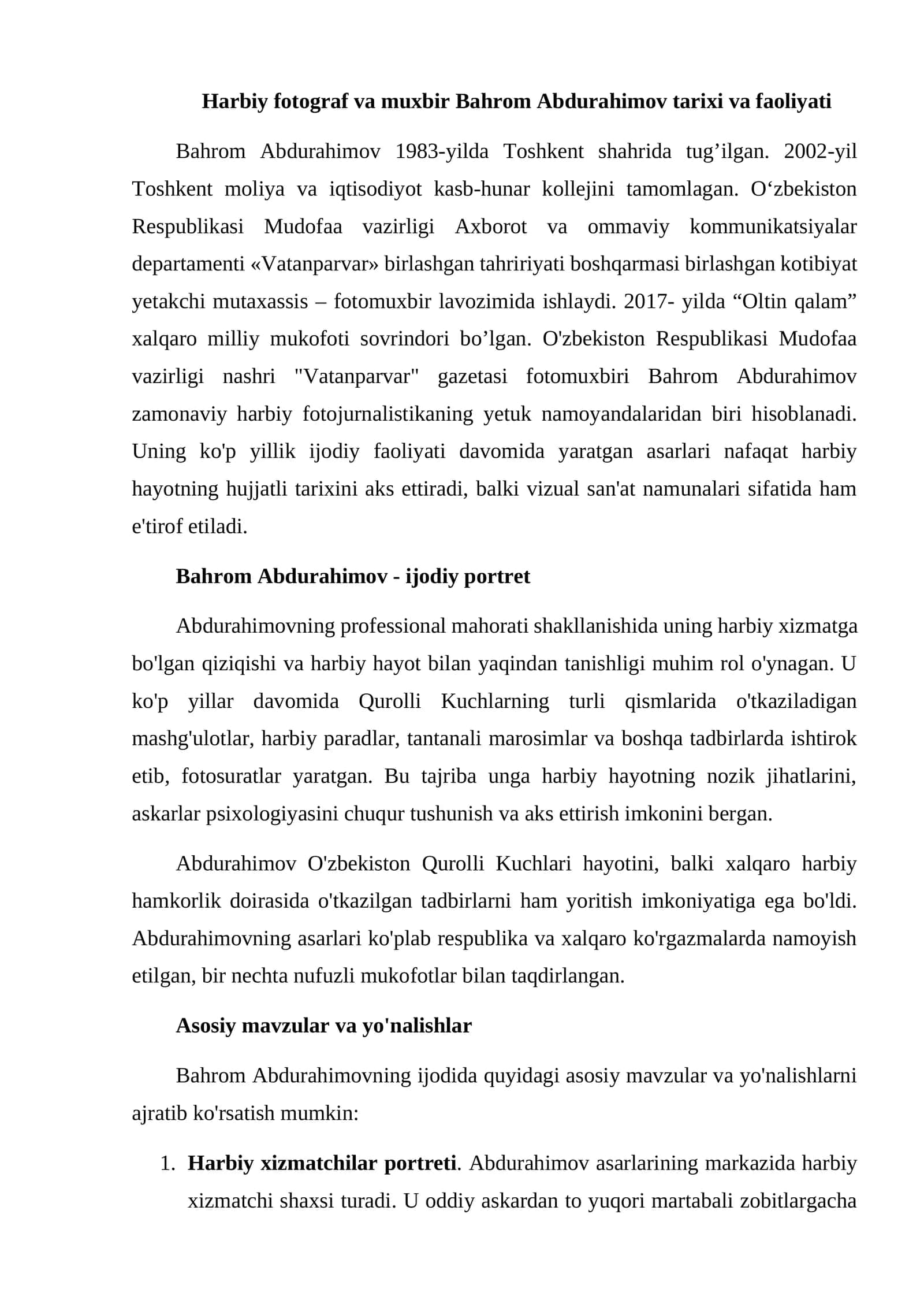 Harbiy fotograf va muxbir Bahrom Abdurahimov tarixi va faoliyati