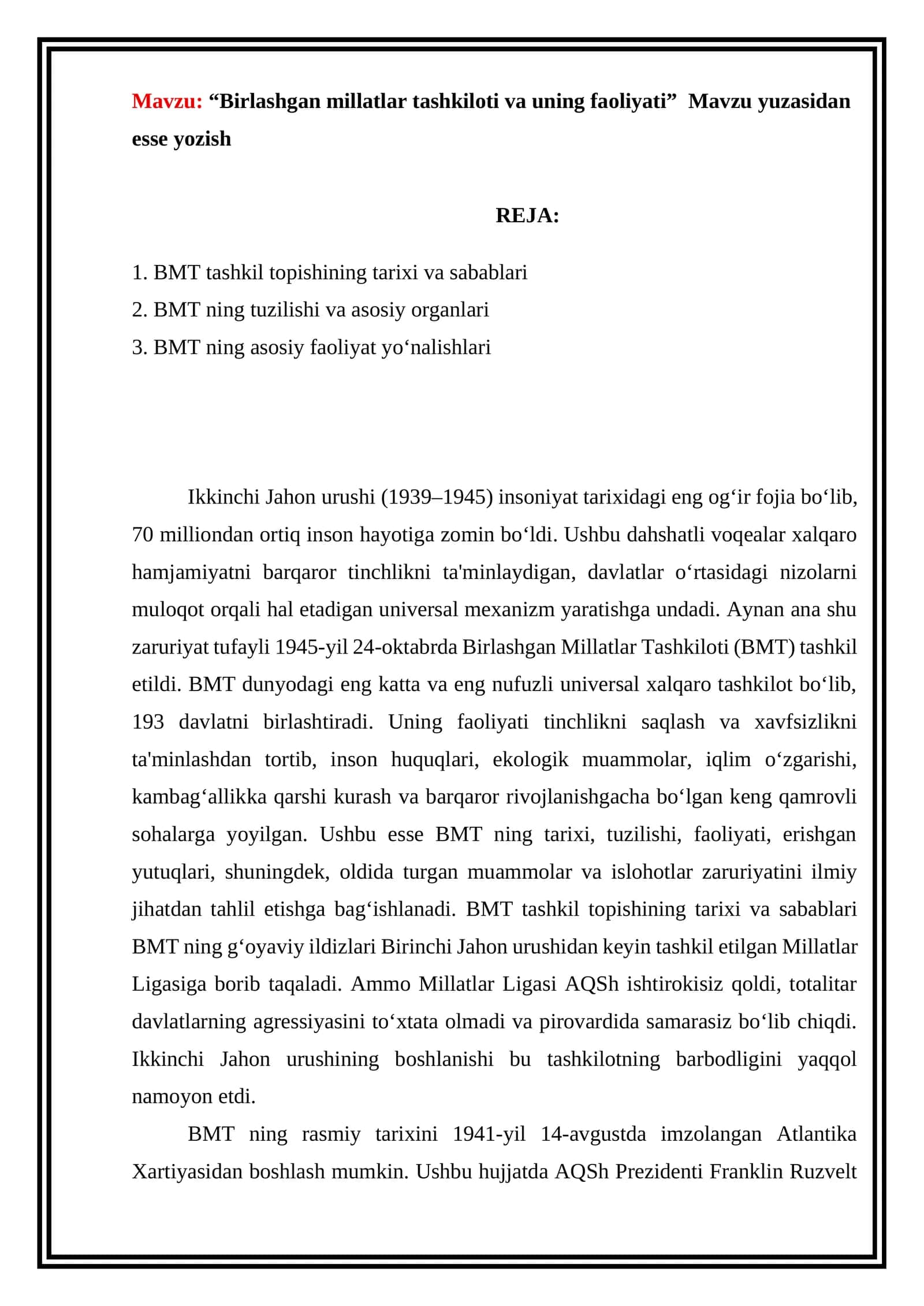 Birlashgan millatlar tashkiloti va uning faoliyati