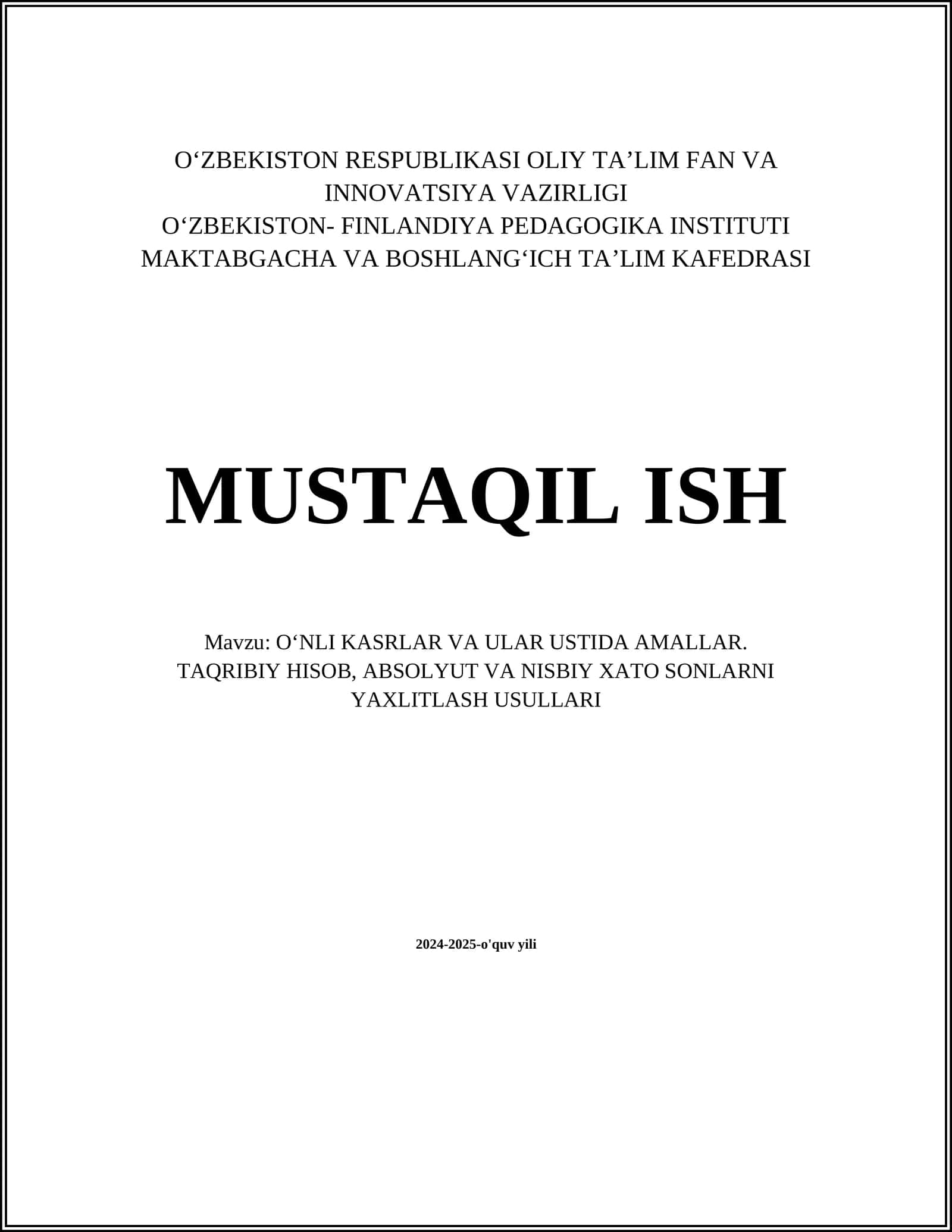 OʻNLI KASRLAR VA ULAR USTIDA AMALLAR
