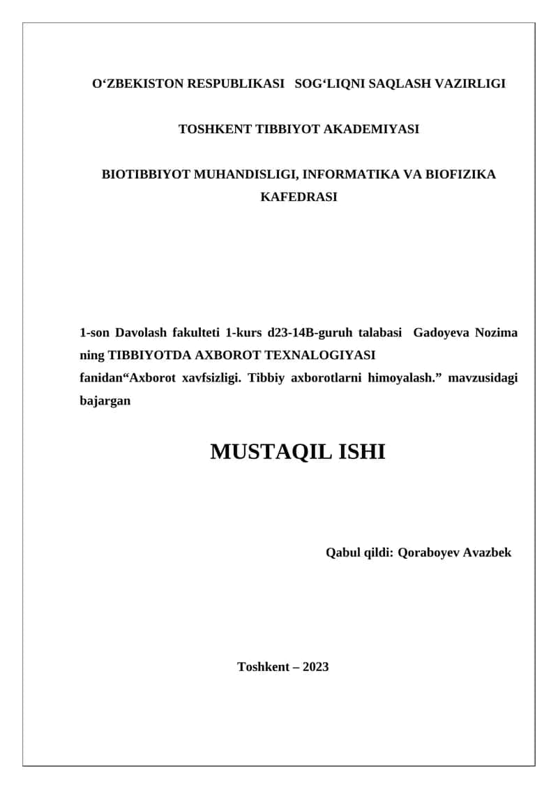 Axborot xavfsizligi. Tibbiy axborotlarni himoyalash