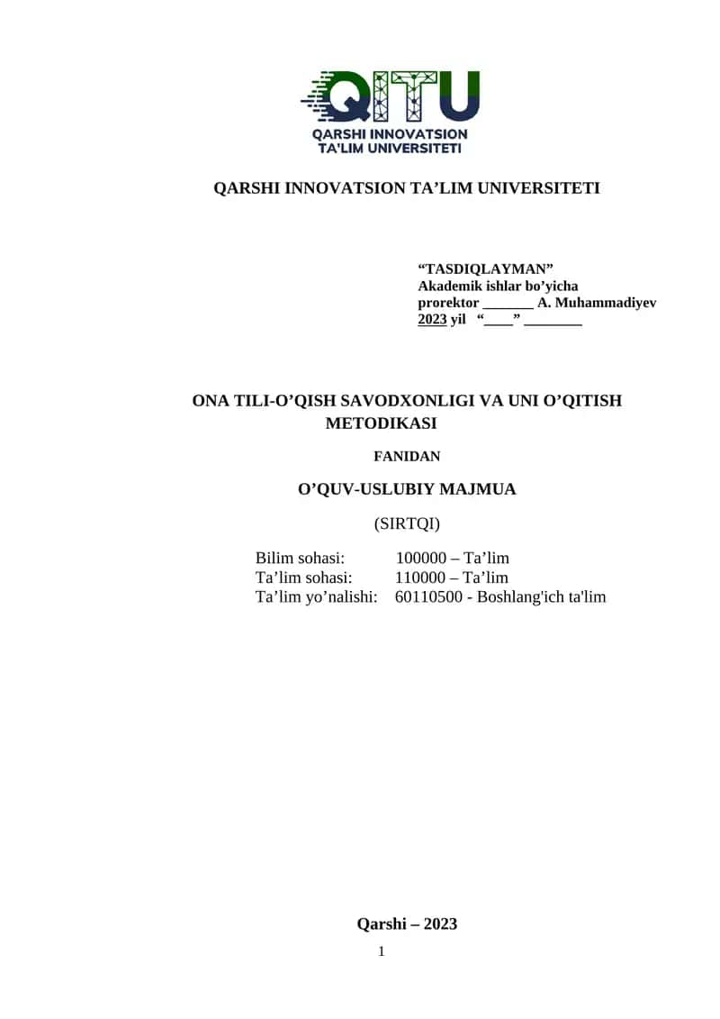 ONA TILI-O’QISH SAVODXONLIGI VA UNI O’QITISH METODIKASI