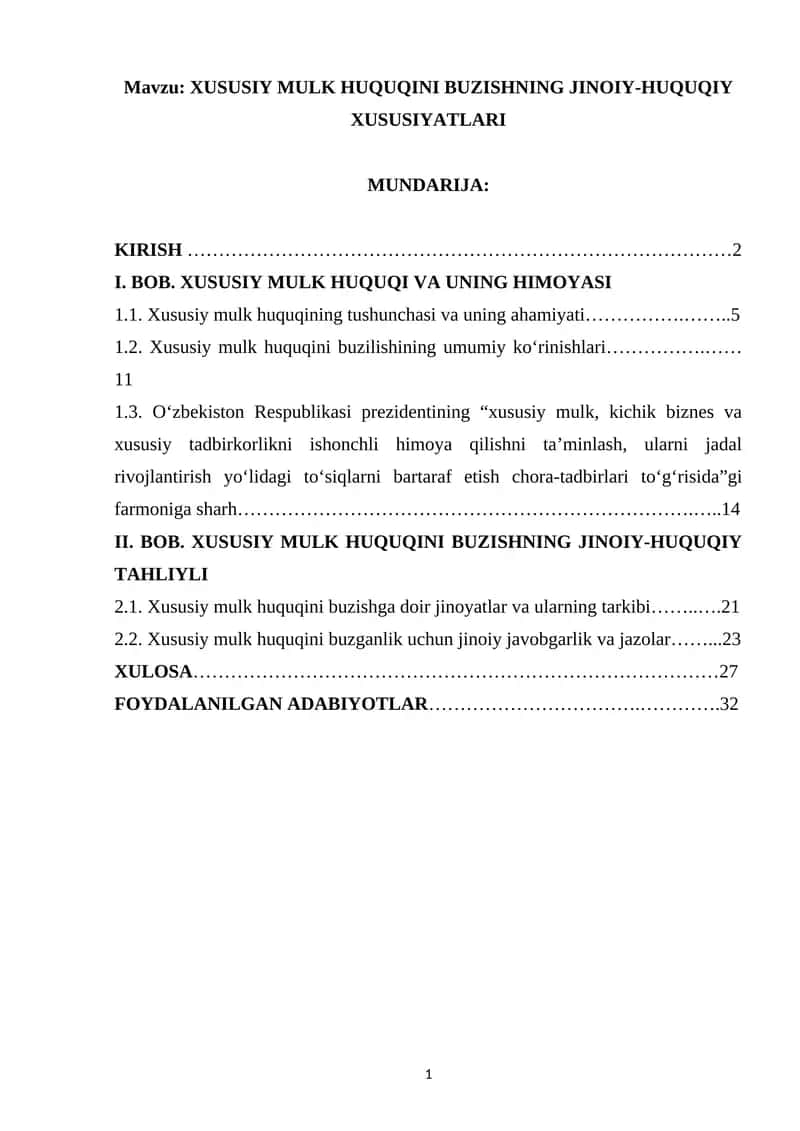 XUSUSIY MULK HUQUQINI BUZISHNING JINOIY-HUQUQIY XUSUSIYATLARI