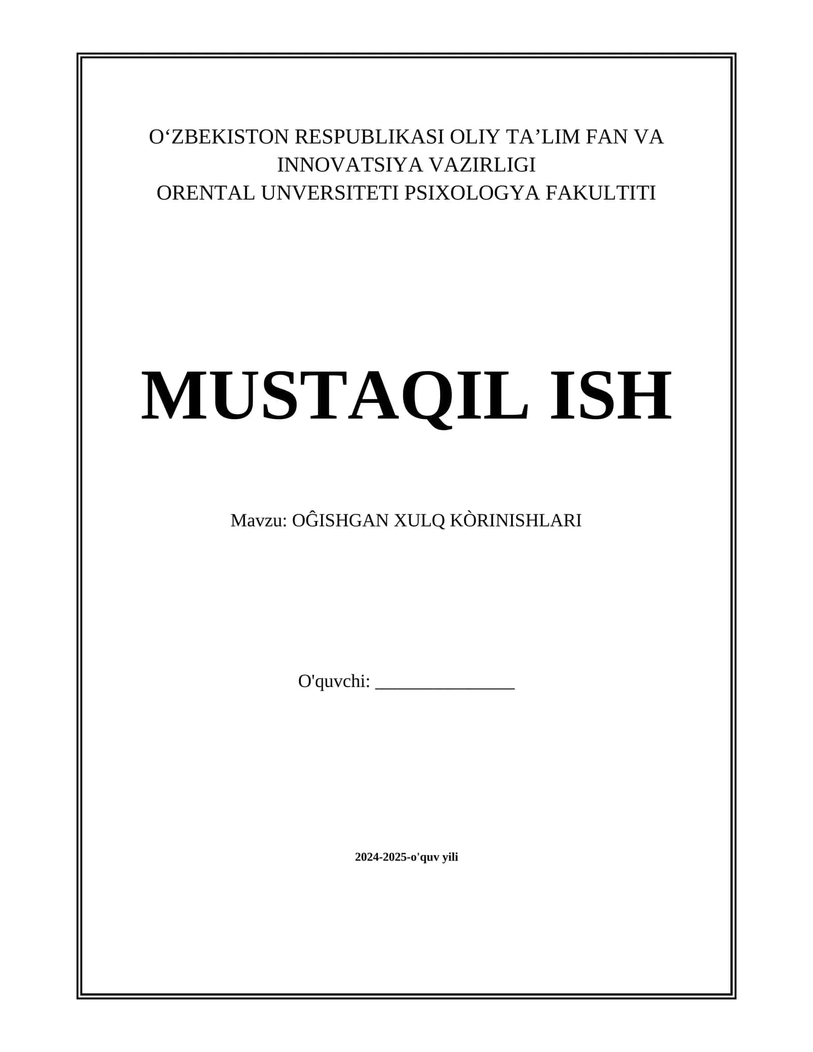 OĜISHGAN XULQ KÒRINISHLARI