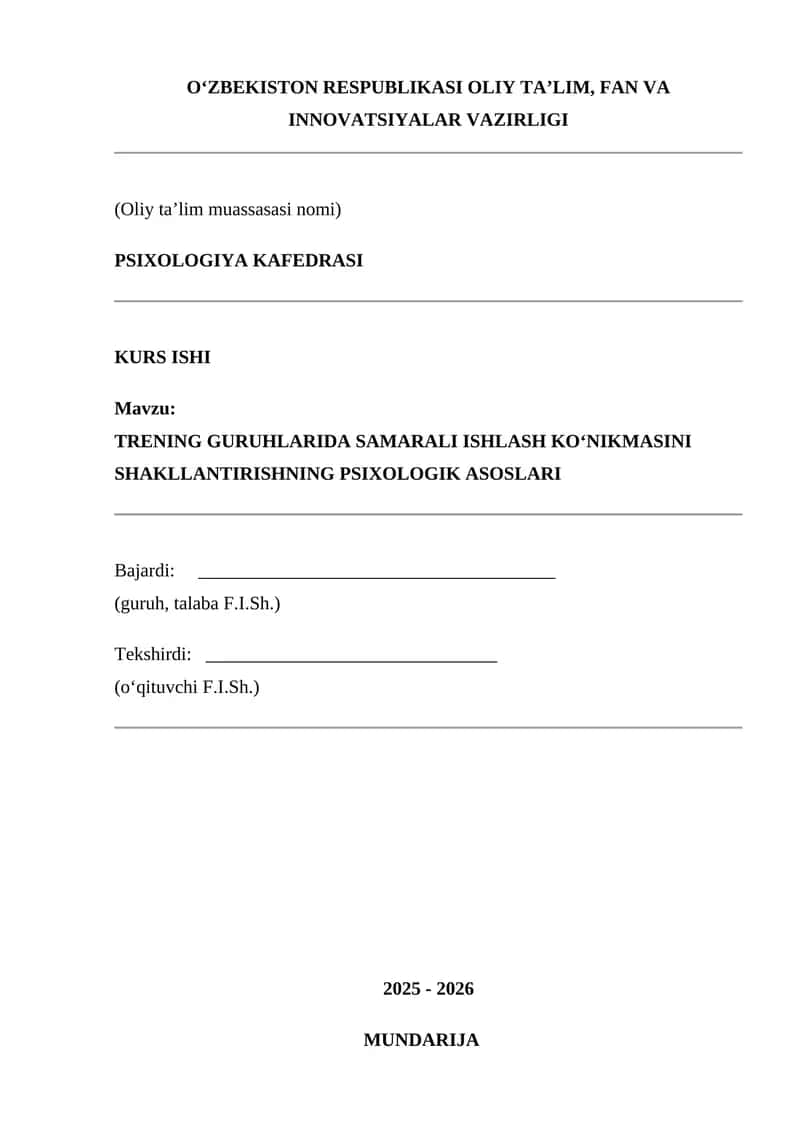 TRENING GURUHLARIDA SAMARALI ISHLASH KO‘NIKMASINI SHAKLLANTIRISHNING PSIXOLOGIK ASOSLARI