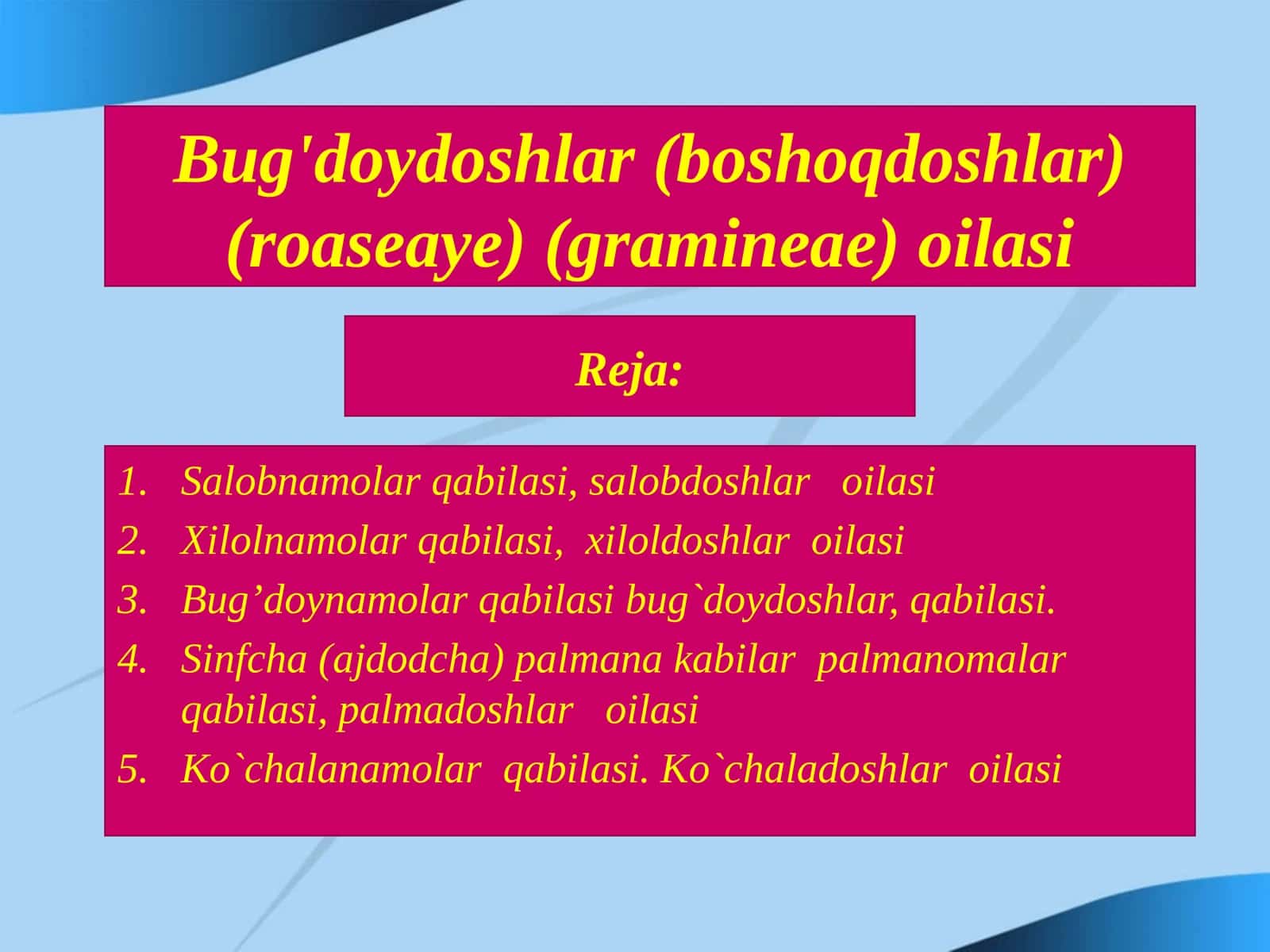 Bug'doydoshlar (boshoqdoshlar) (roaseaye) (gramineae) oilasi