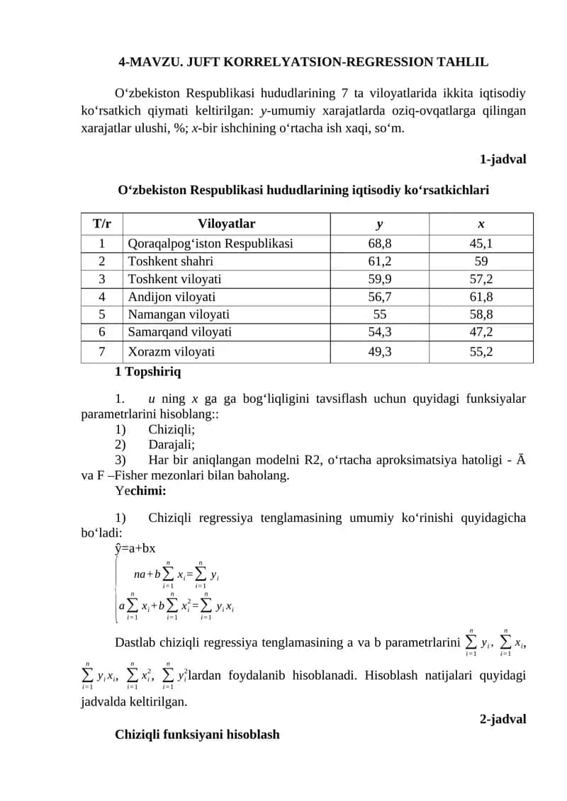 MAVZU. JUFT KORRELYATSION-REGRESSION TAHLIL