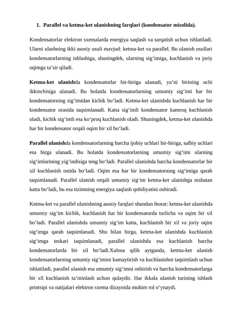 Ketma-ket va parallel ulanishning farqlari