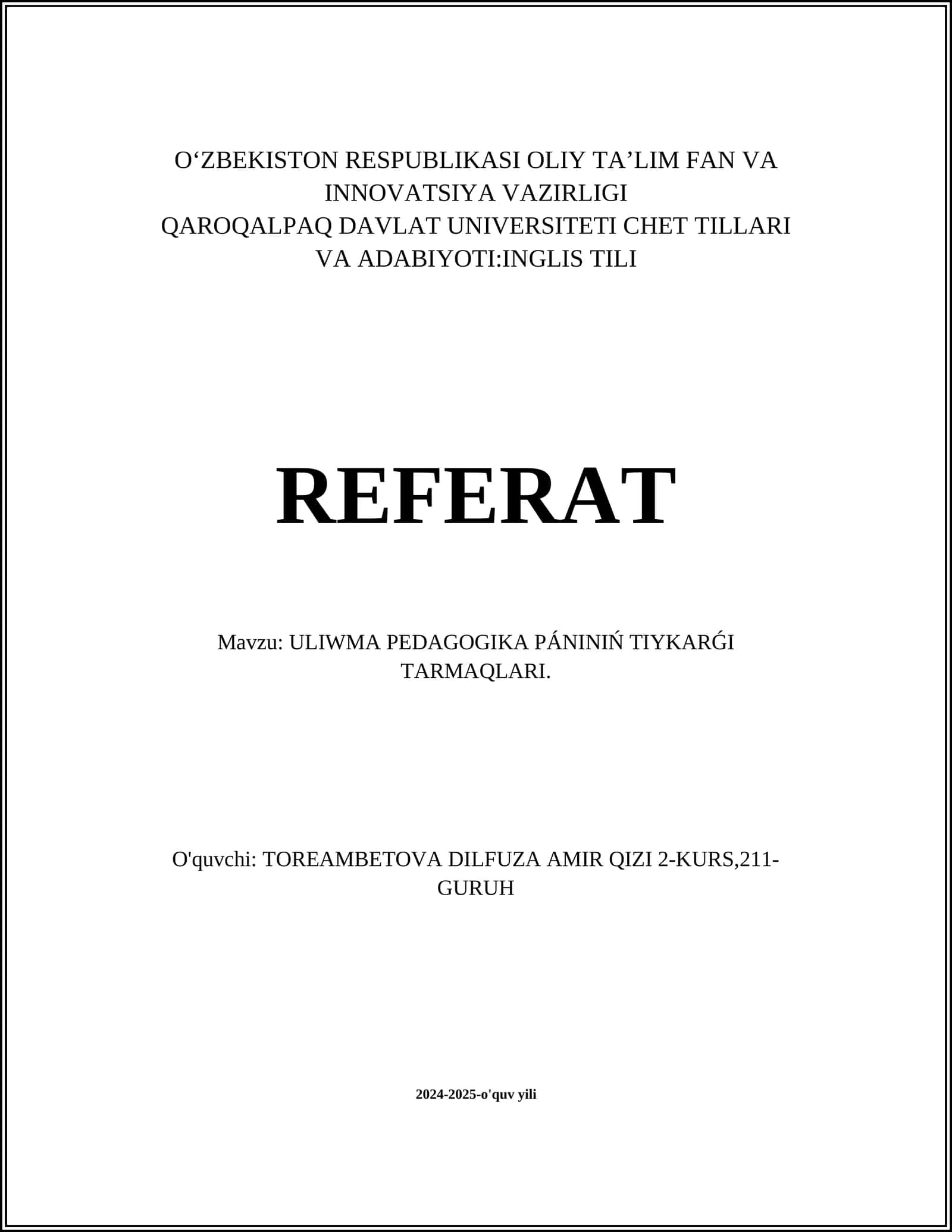 ULIWMA PEDAGOGIKA PÁNINIŃ TIYKARǴI TARMAQLARI