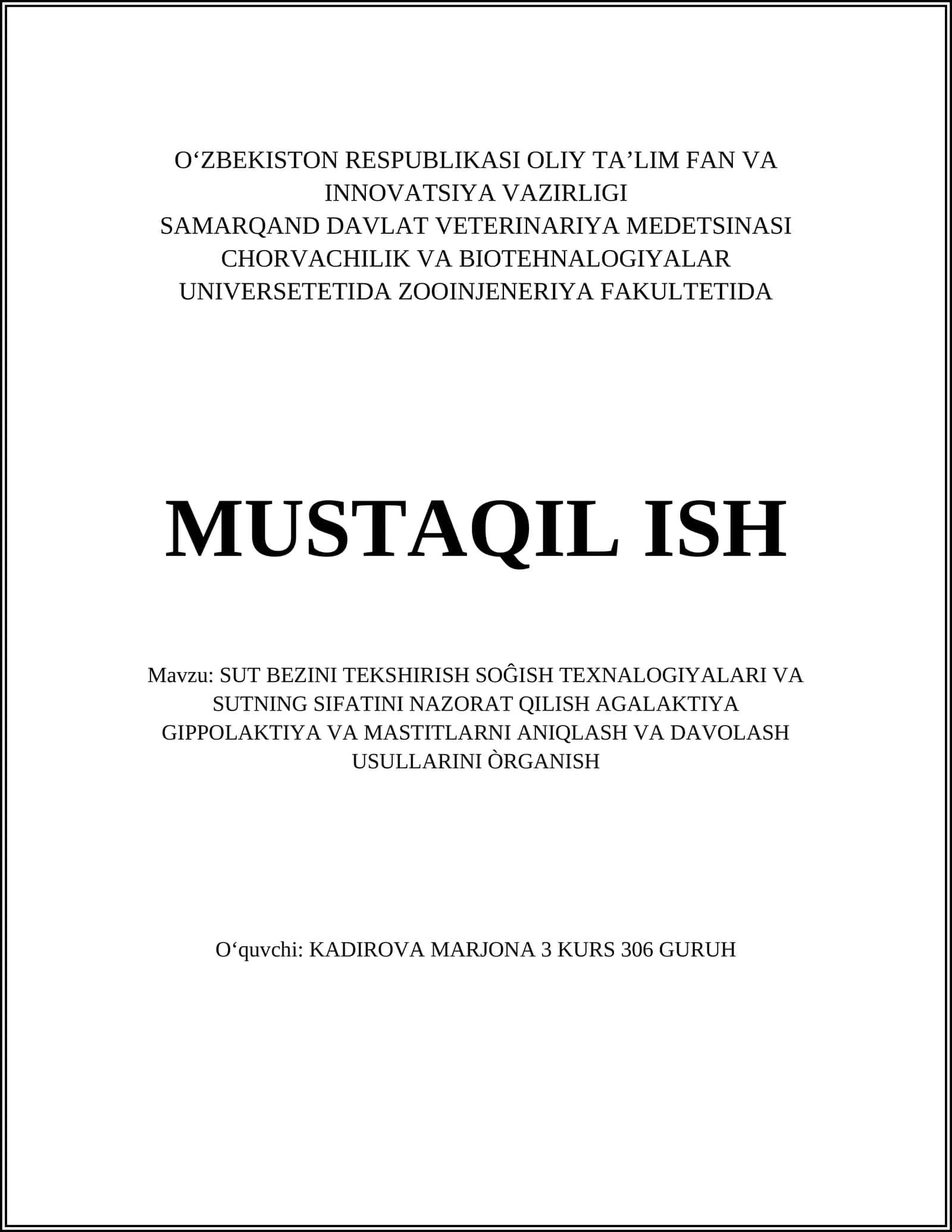 SUT BEZINI TEKSHIRISH SOĜISH TEXNALOGIYALARI VA SUTNING SIFATINI NAZORAT QILISH AGALAKTIYA GIPPOLAKTIYA VA MASTITLARNI ANIQLASH VA DAVOLASH USULLARINI ÒRGANISH
