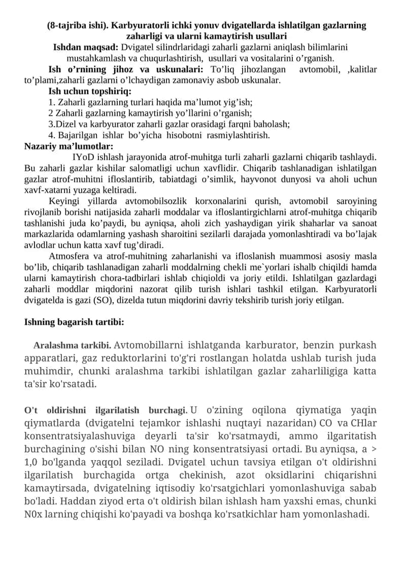 Zaharli gazlarning zaharligi va ularni kamaytirish usullari