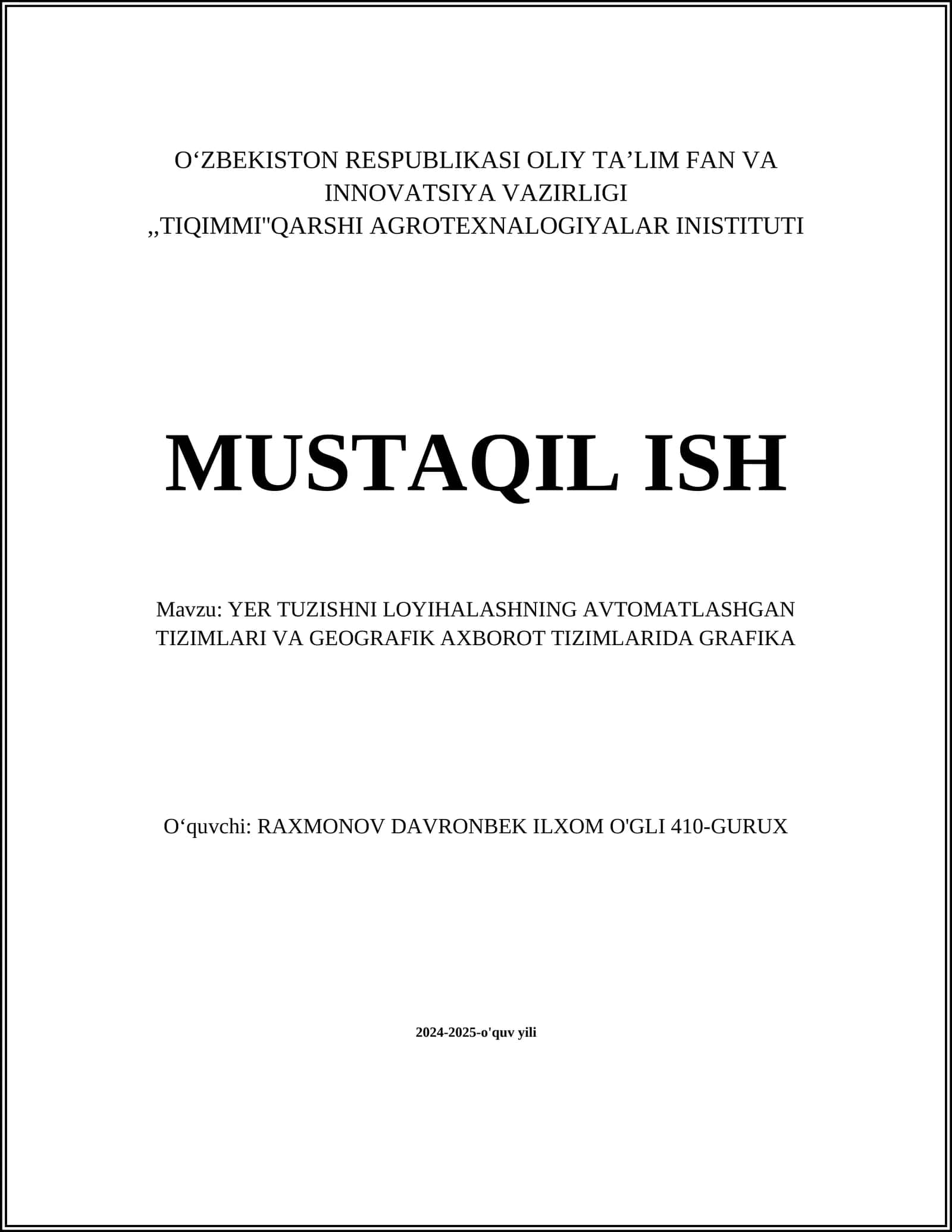 YER TUZISHNI LOYIHALASHNING AVTOMATLASHGAN TIZIMLARI VA GEOGRAFIK AXBOROT TIZIMLARIDA GRAFIKA