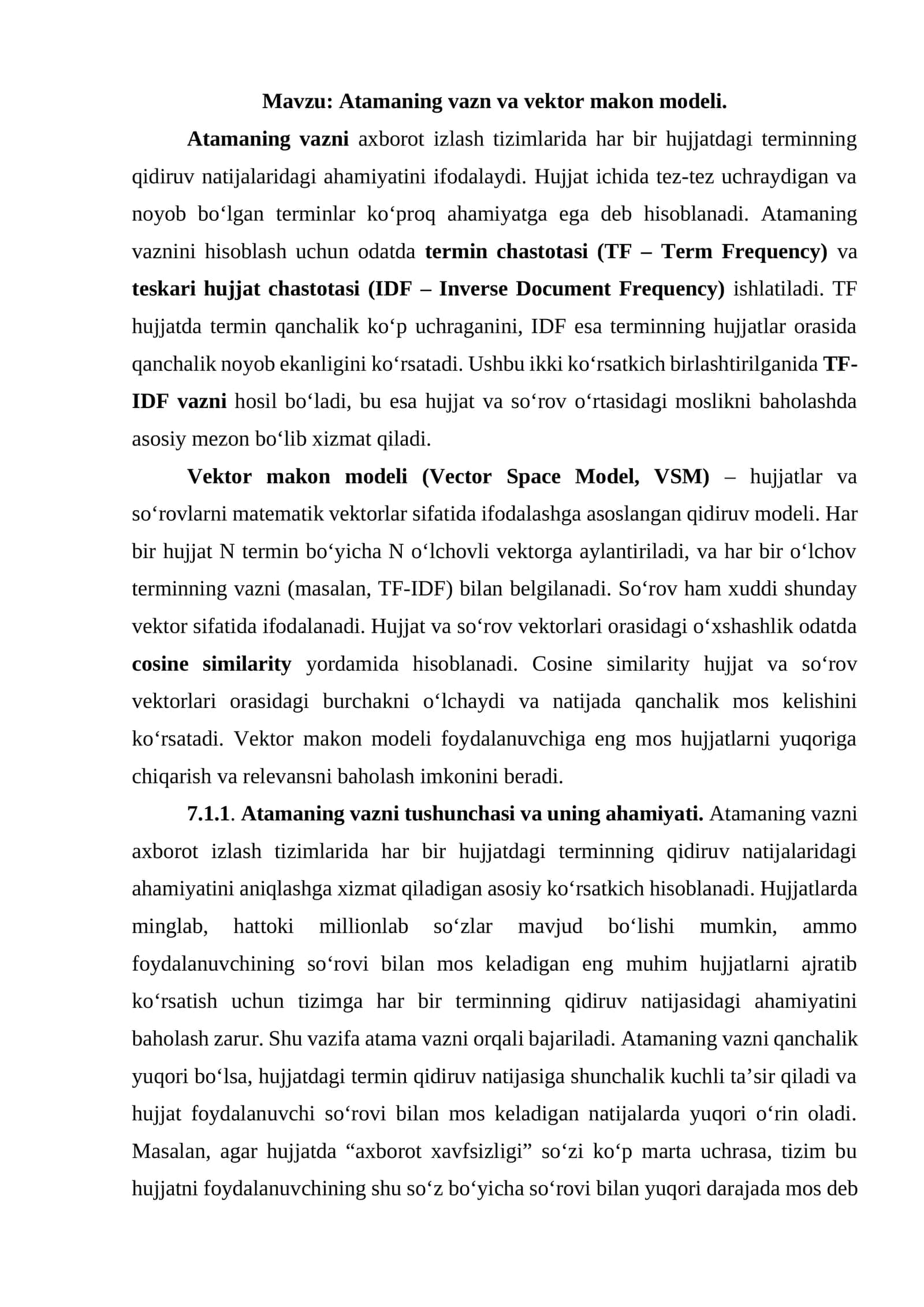 Atamaning vazn va vektor makon modeli