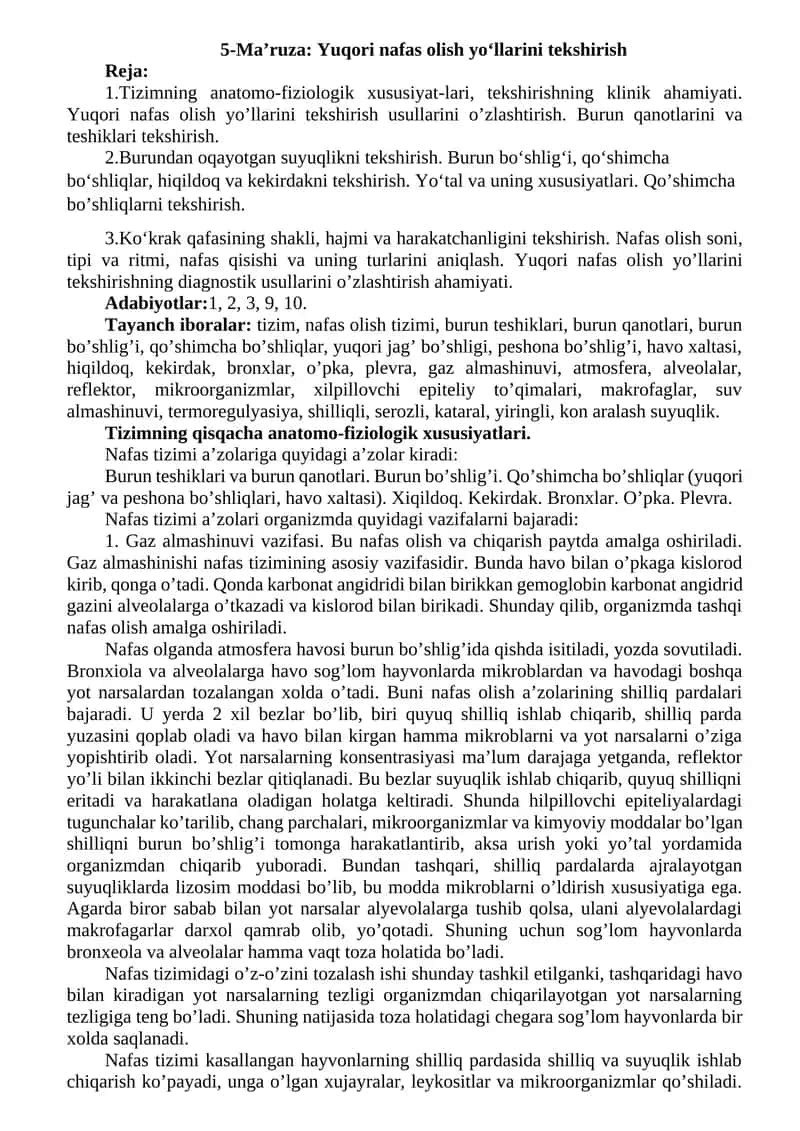 5-Ma’ruza: Yuqori nafas olish yo‘llarini tekshirish