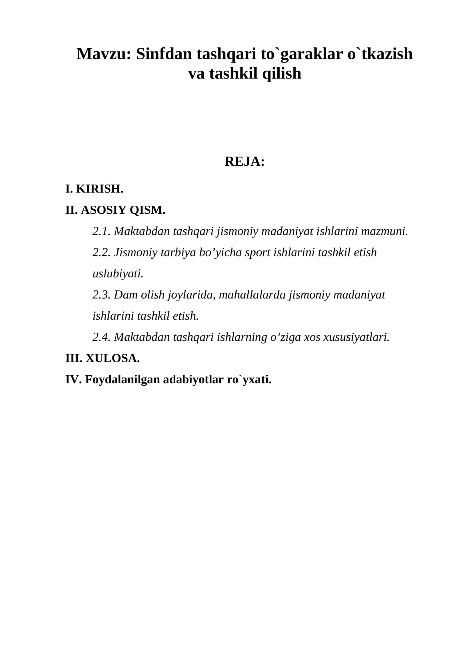 Sinfdan tashqari to`garaklar o`tkazish va tashkil qilish