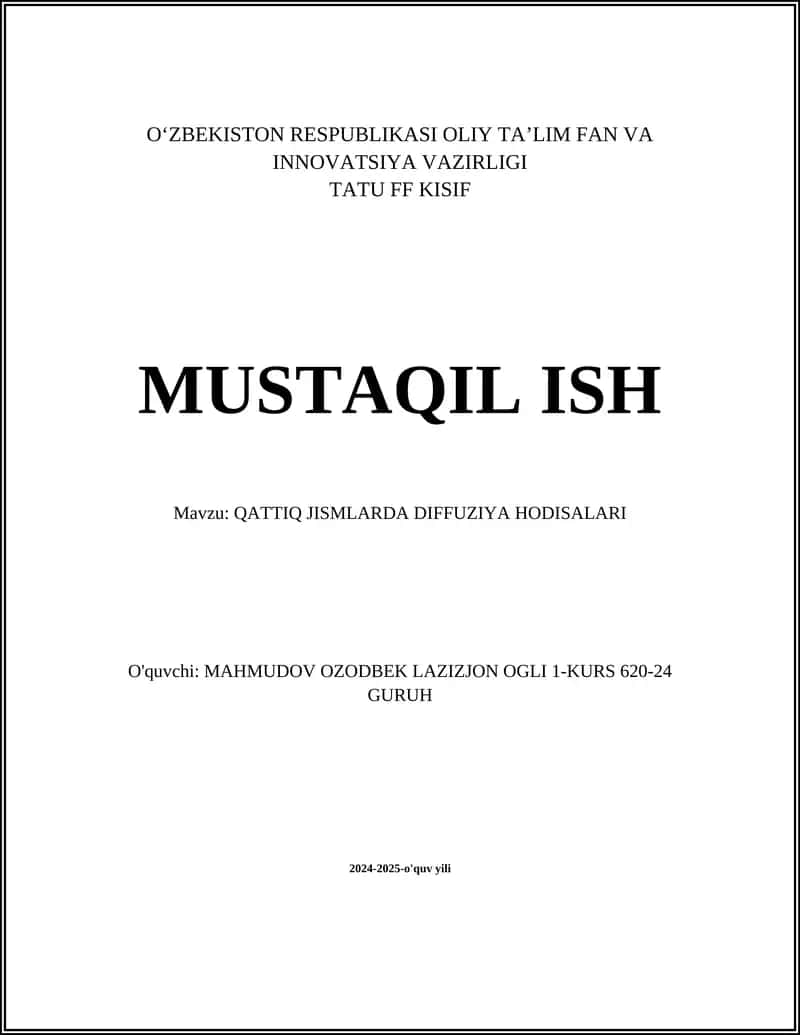 QATTIQ JISMLARDA DIFFUZIYA HODISALARI