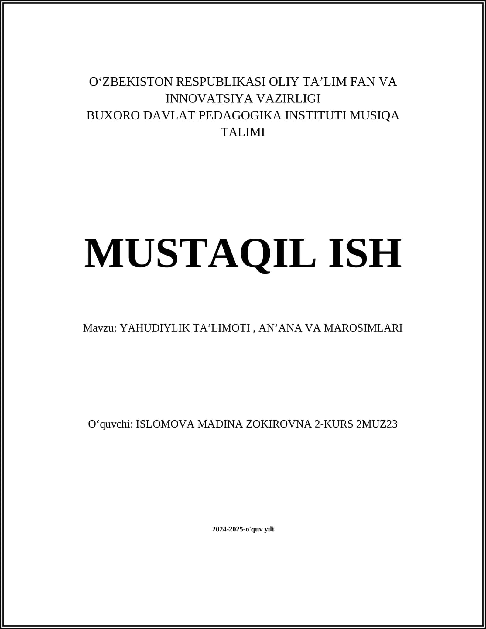 YAHUDIYLIK TA’LIMOTI, AN’ANA VA MAROSIMLARI