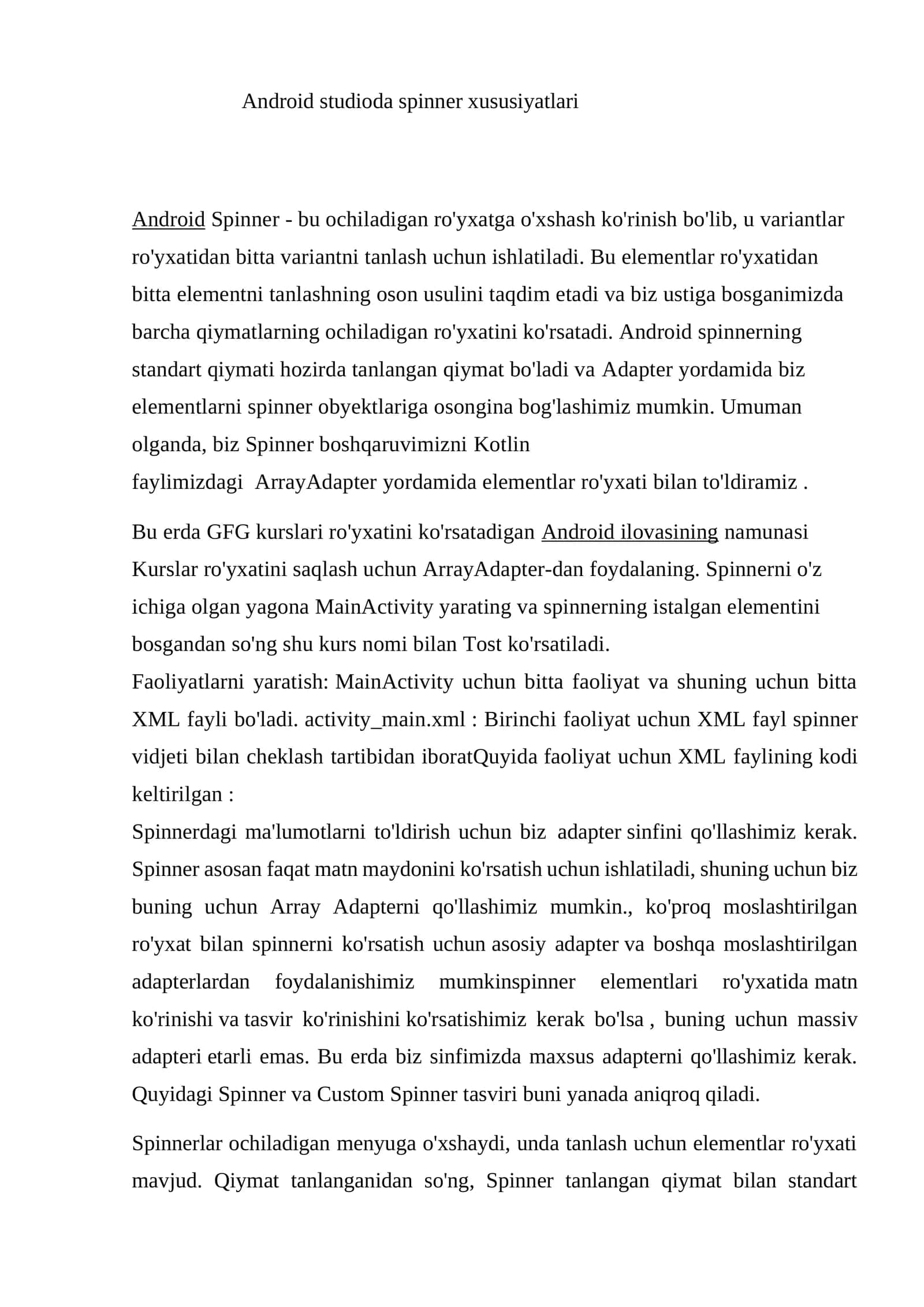 Android Spinner xususiyatlari