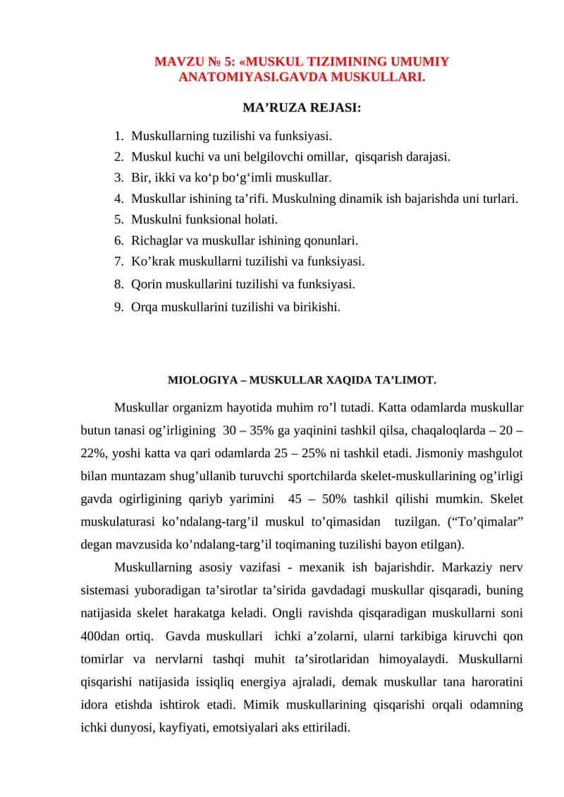 Muskul tizimining umumiy anatomiyasi.GAVDA MUSKULLARI