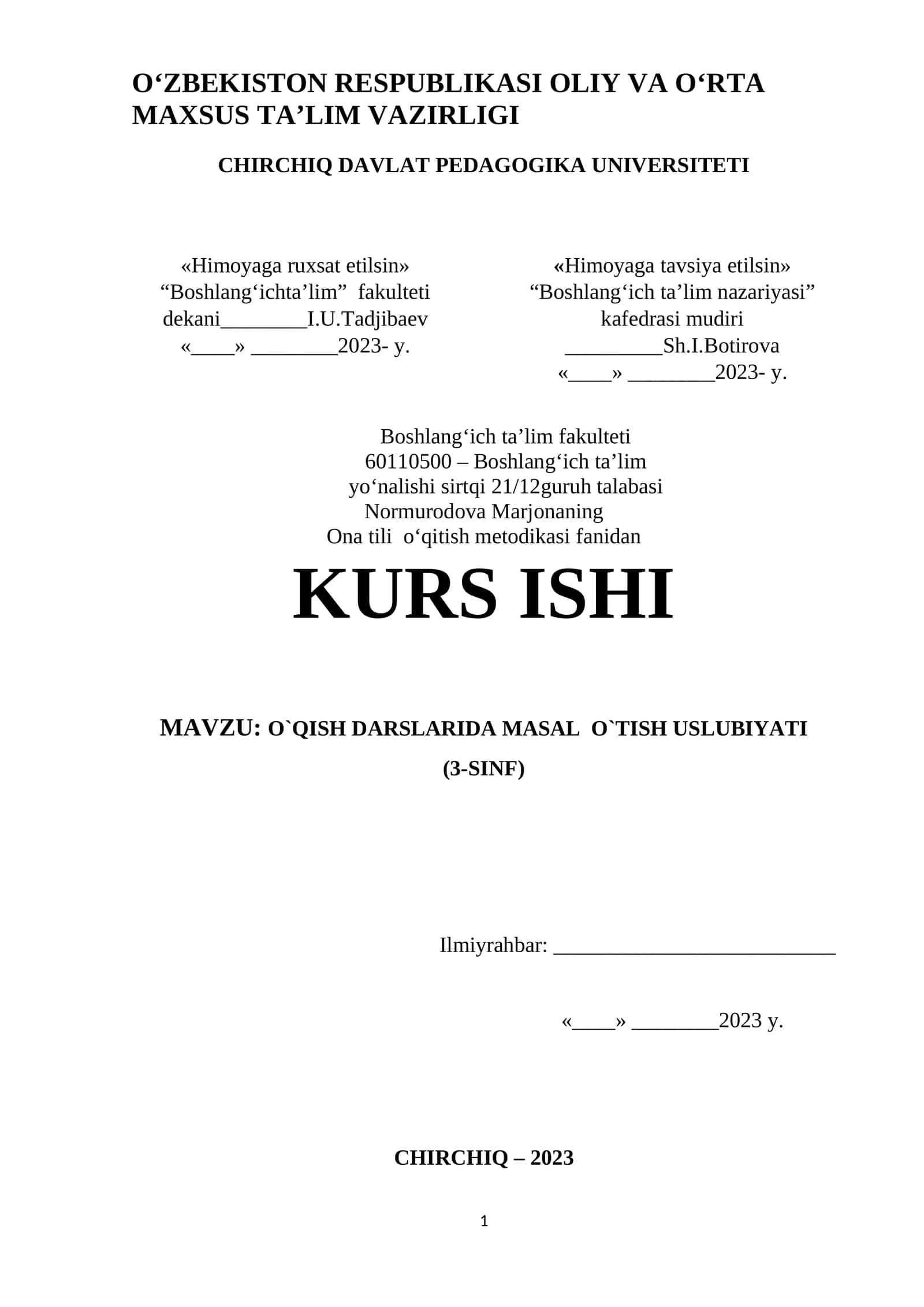 O`QISH DARSLARIDA MASAL O`TISH USLUBIYATI (3-SINF)