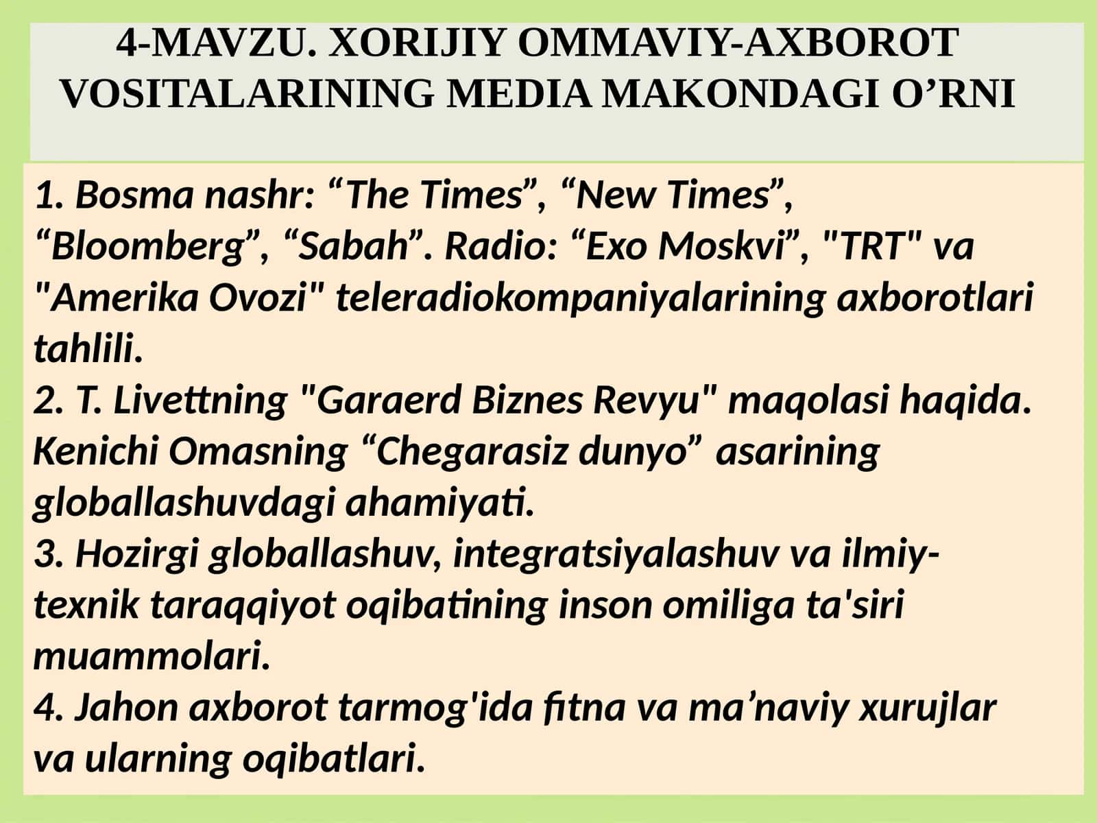 XORIJIY OMMAVIY-AXBOROT VOSITALARINING MEDIA MAKONDAGI O’RNI
