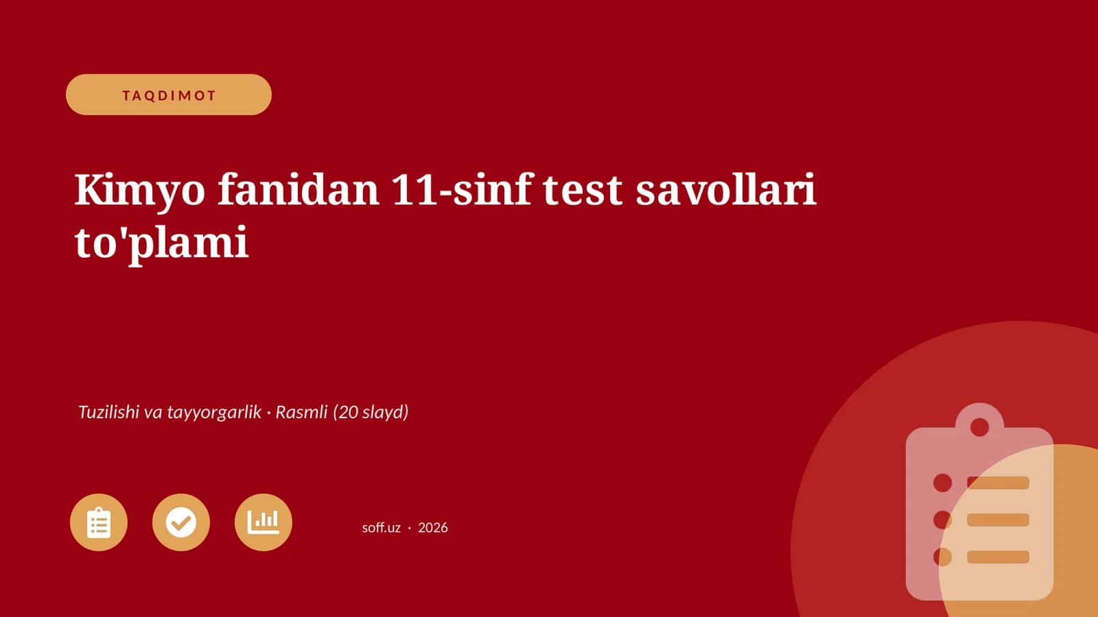 Kimyo fanidan 11-sinf test savollari to'plami