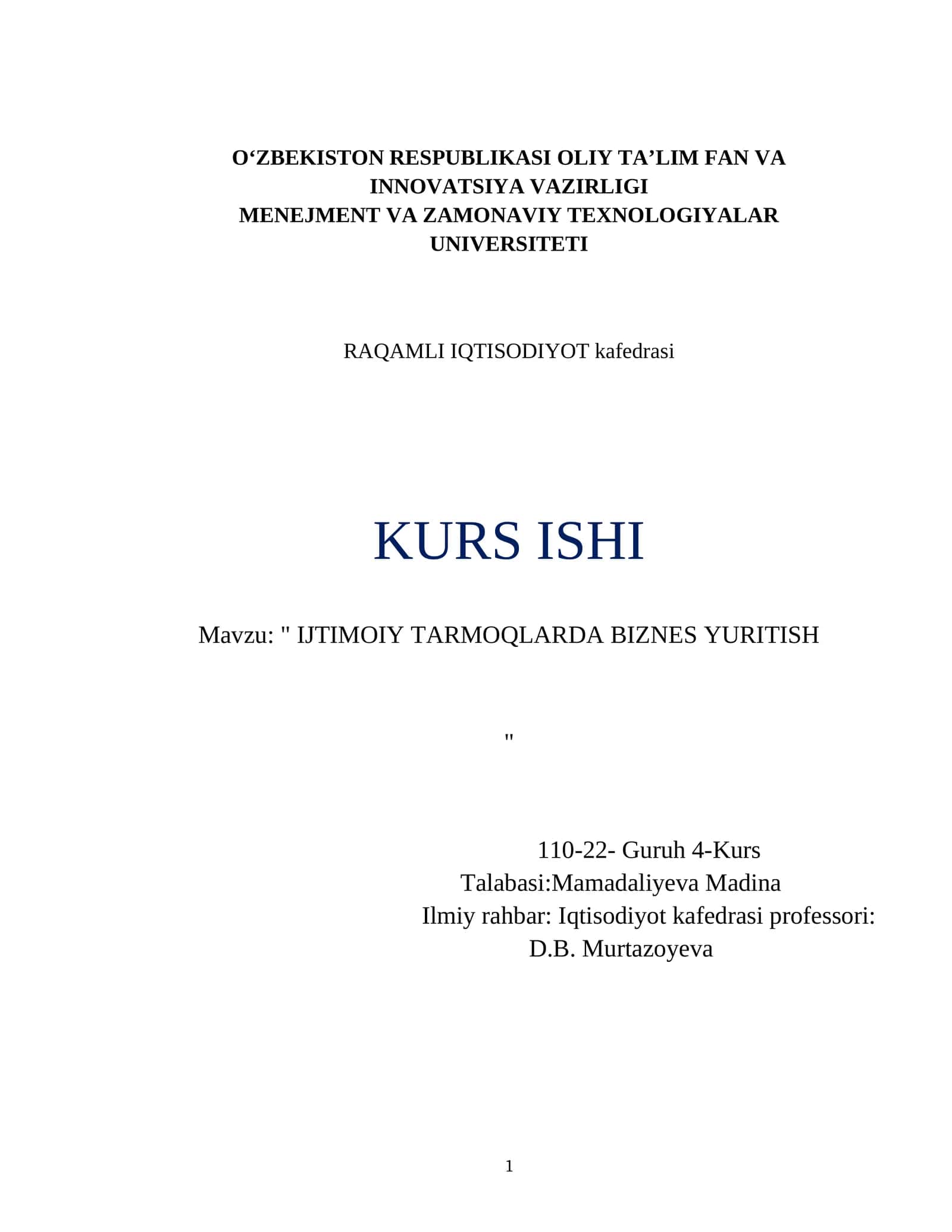 RAQAMLI IQTISODIYOT kafedrasi KURS ISHI