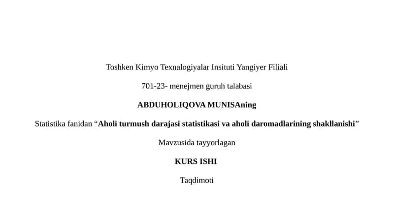 Aholi turmush darajasi statistikasi va aholi daromadlarining shakllanishi